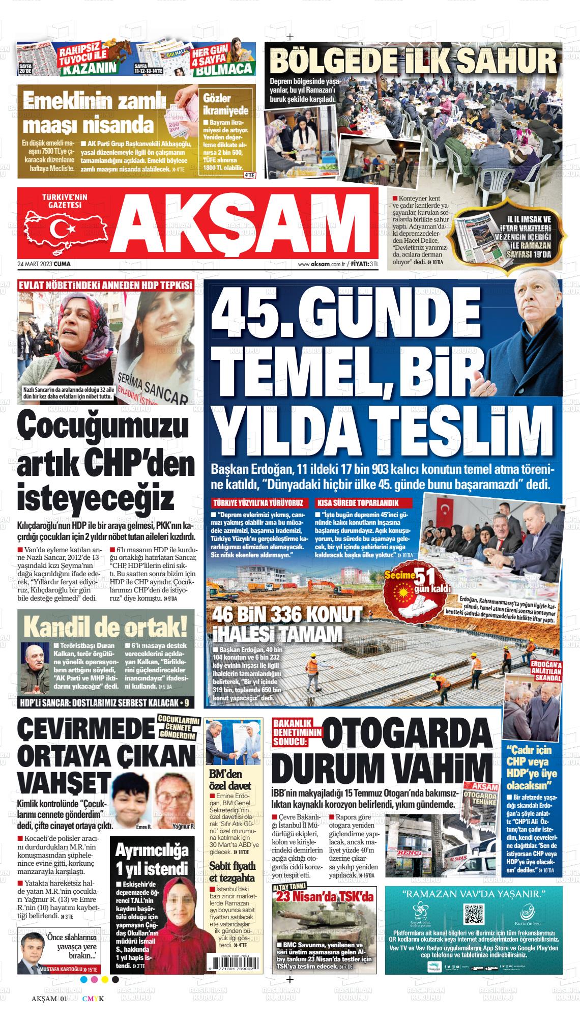 24 Mart 2023 Akşam Gazete Manşeti