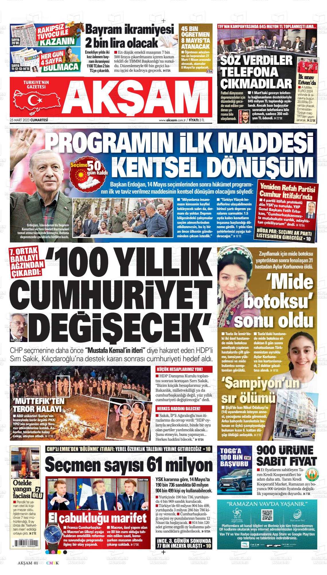 25 Mart 2023 Akşam Gazete Manşeti