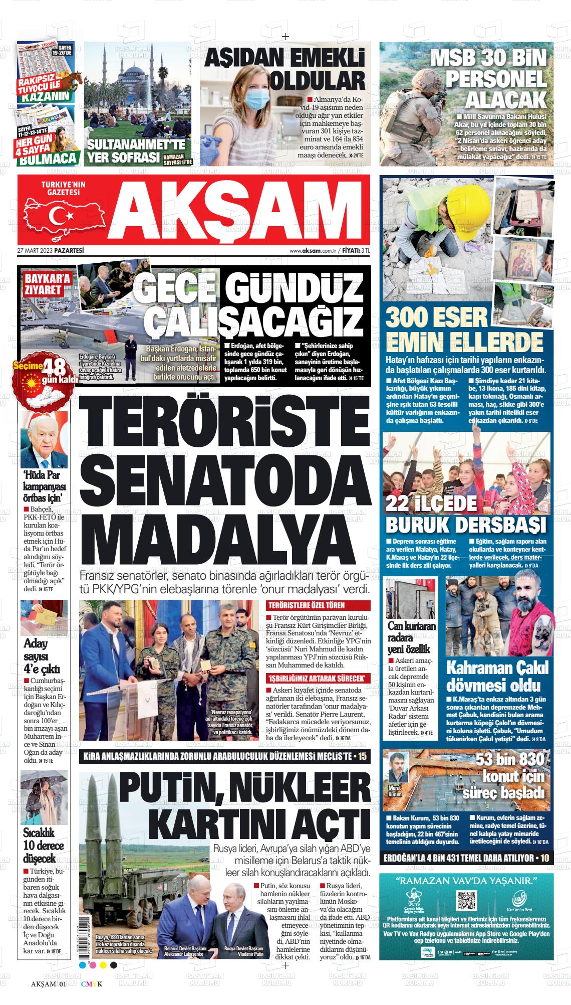 27 Mart 2023 Akşam Gazete Manşeti