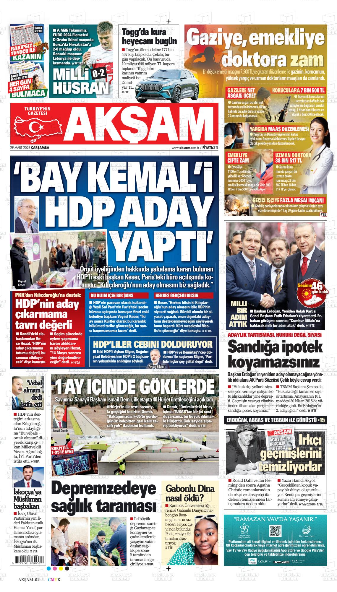 29 Mart 2023 Akşam Gazete Manşeti