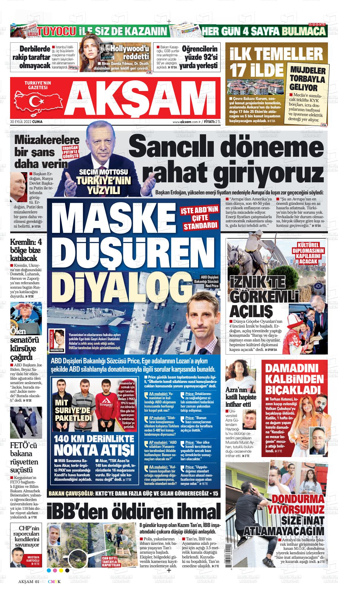 30 Eylül 2022 Akşam Gazete Manşeti