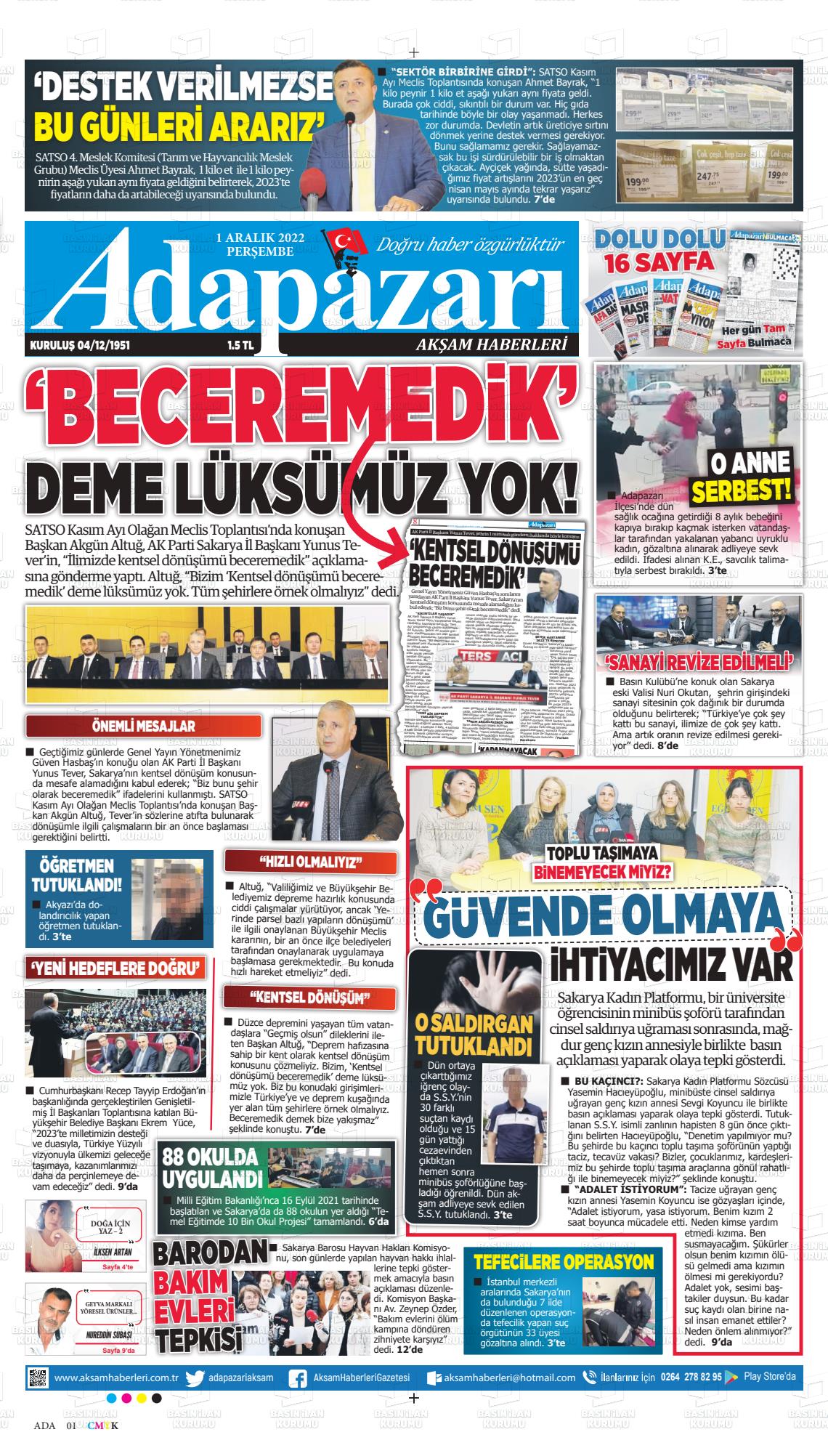 01 Aralık 2022 Adapazarı Akşam Haberleri Gazete Manşeti