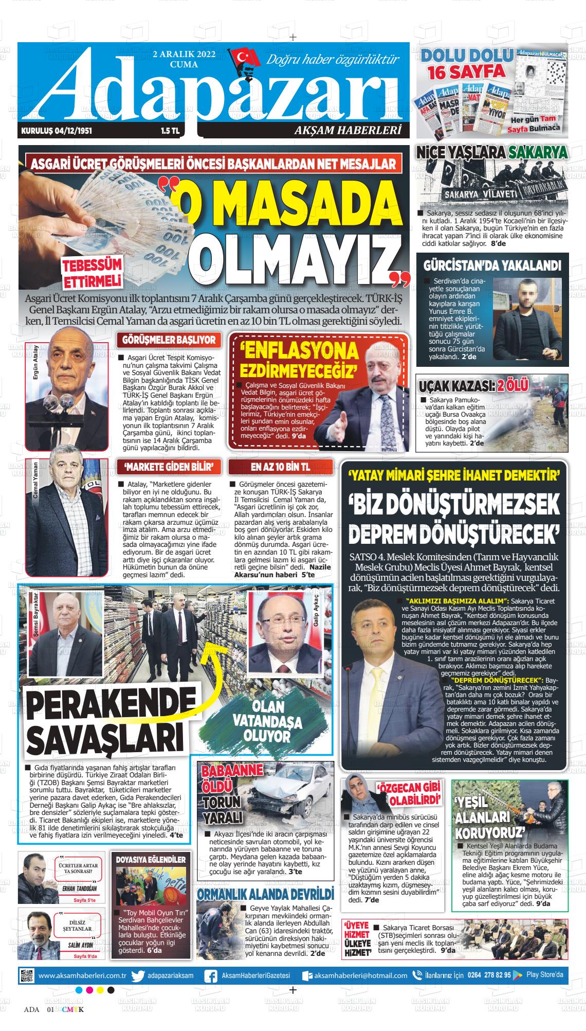 02 Aralık 2022 Adapazarı Akşam Haberleri Gazete Manşeti