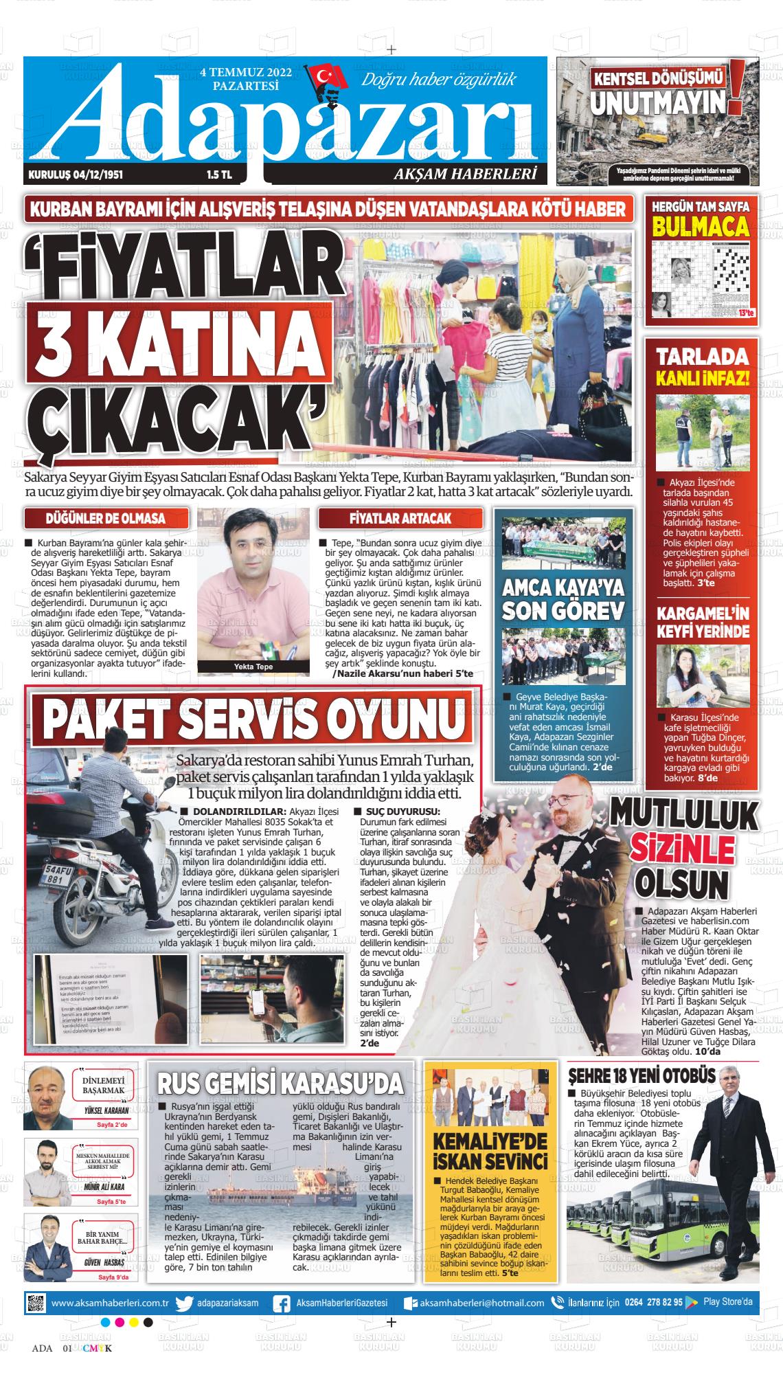 04 Temmuz 2022 Adapazarı Akşam Haberleri Gazete Manşeti