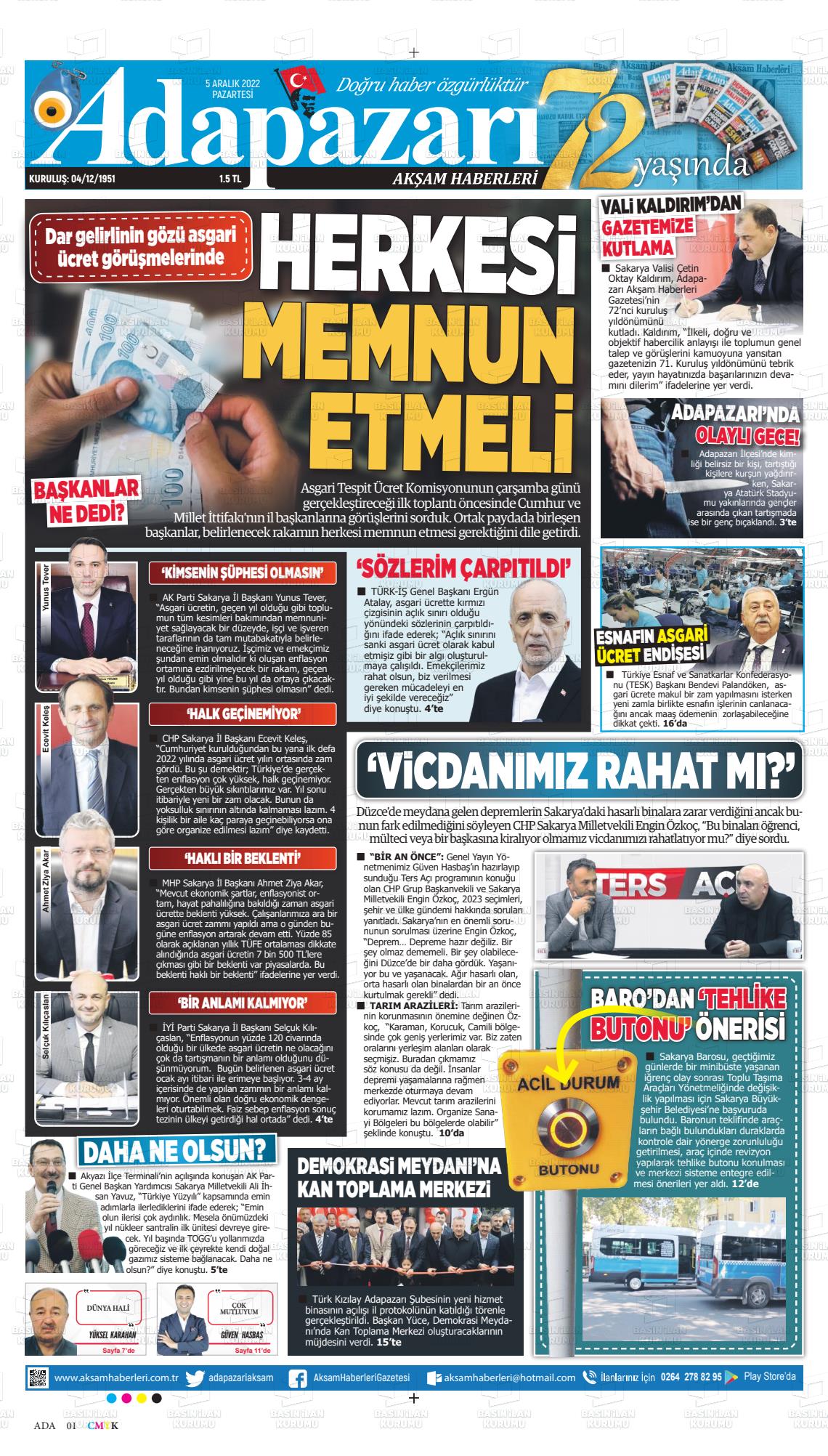 05 Aralık 2022 Adapazarı Akşam Haberleri Gazete Manşeti