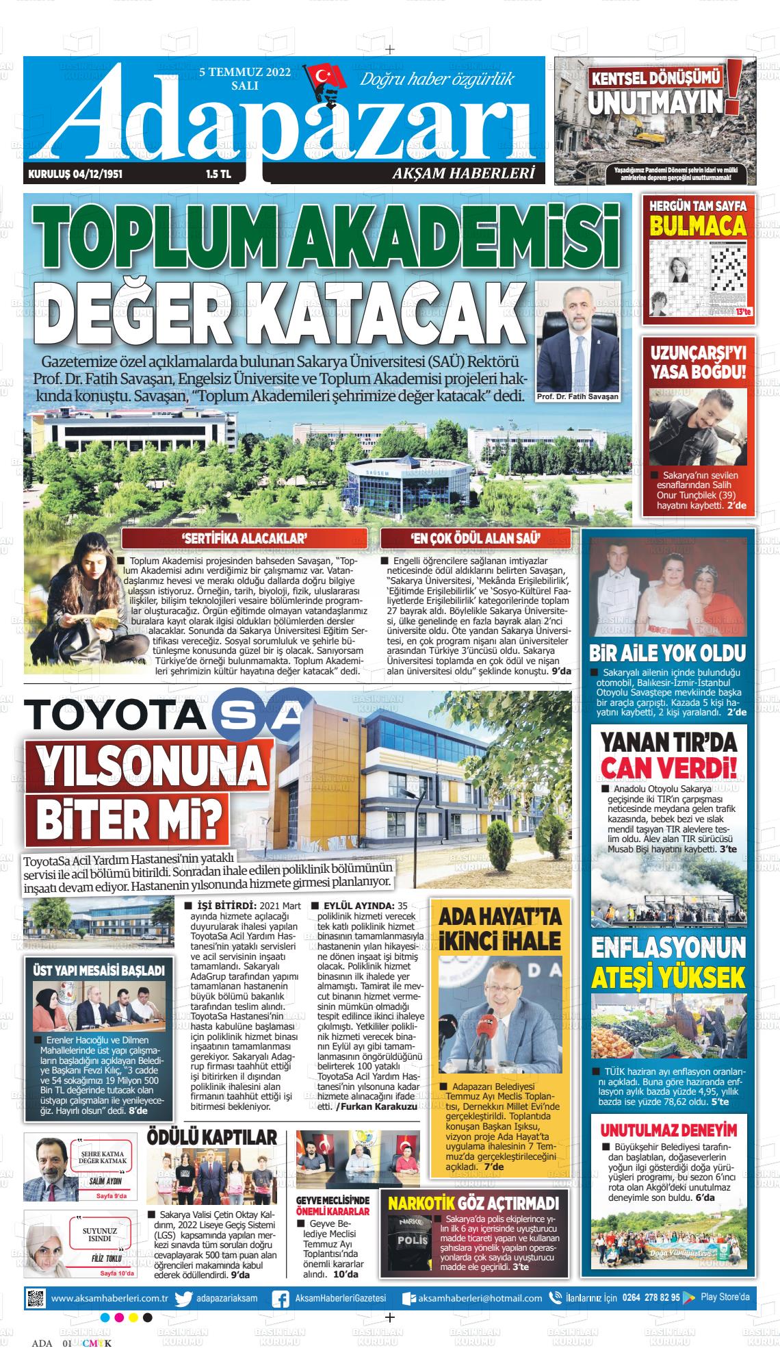 05 Temmuz 2022 Adapazarı Akşam Haberleri Gazete Manşeti