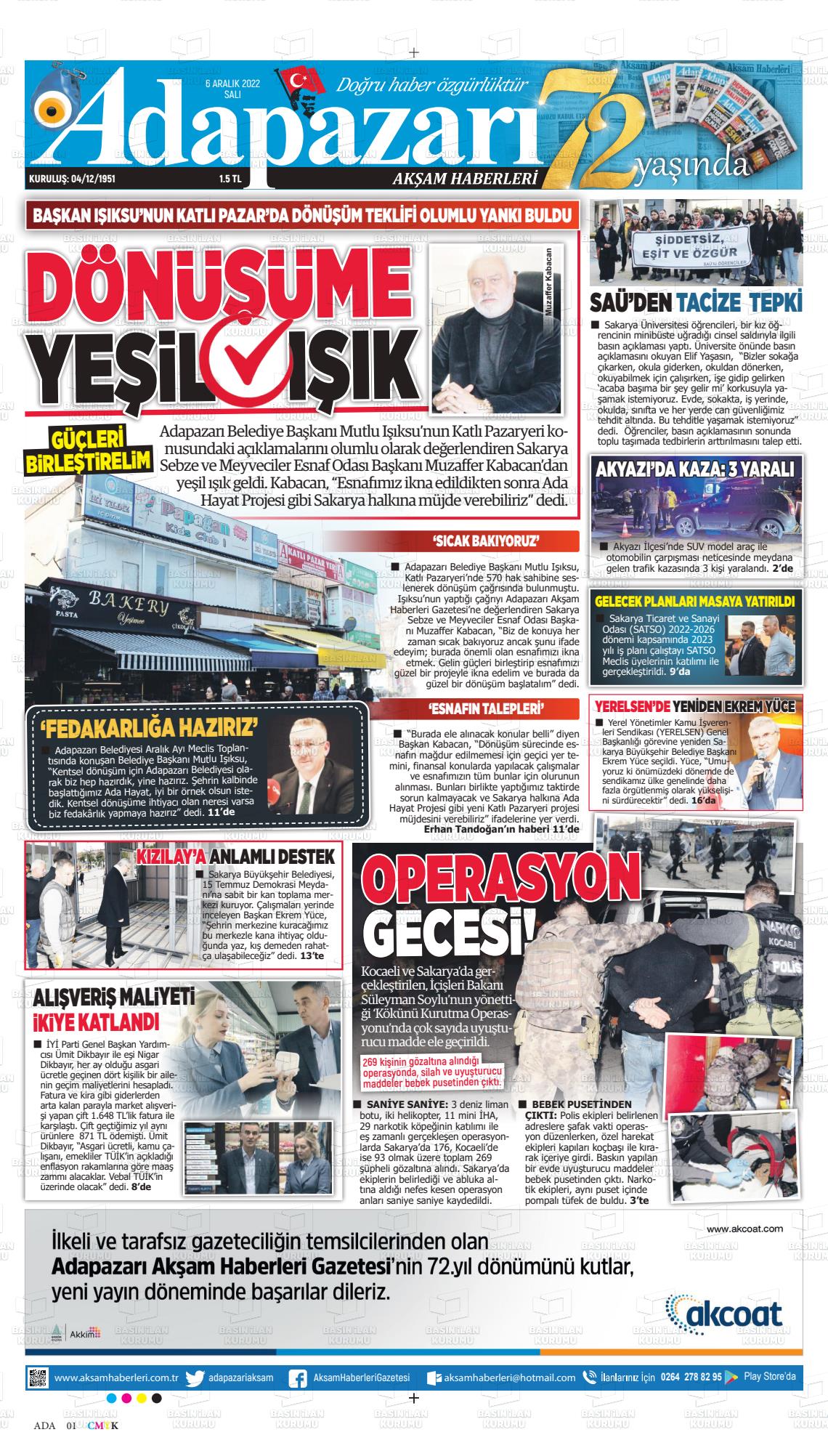 06 Aralık 2022 Adapazarı Akşam Haberleri Gazete Manşeti