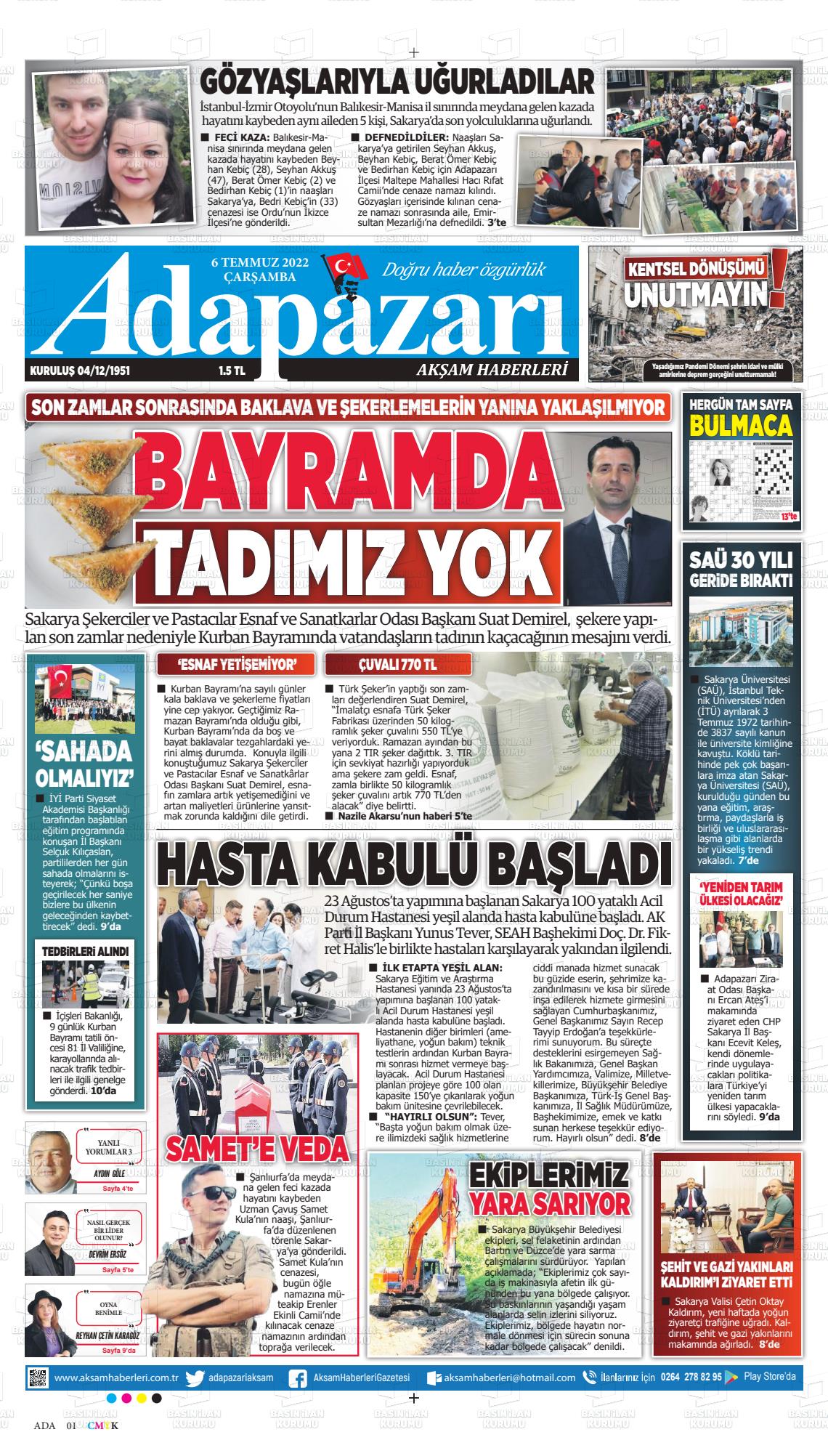 06 Temmuz 2022 Adapazarı Akşam Haberleri Gazete Manşeti