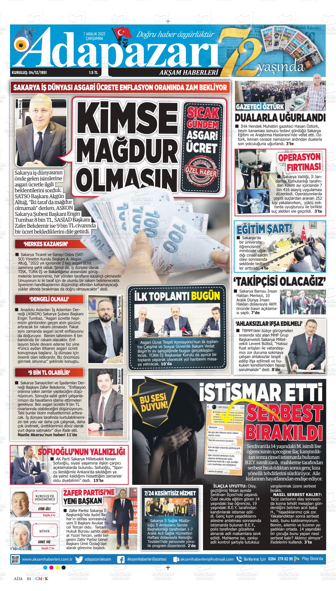 07 Aralık 2022 Adapazarı Akşam Haberleri Gazete Manşeti