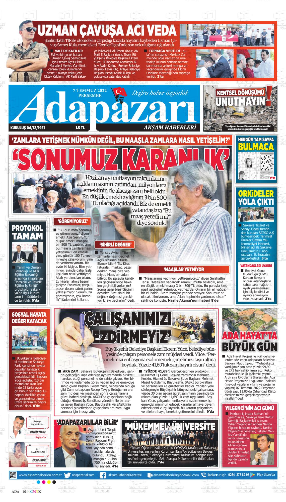 07 Temmuz 2022 Adapazarı Akşam Haberleri Gazete Manşeti