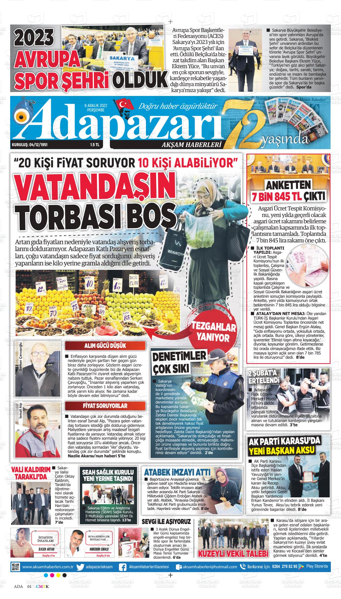 08 Aralık 2022 Adapazarı Akşam Haberleri Gazete Manşeti