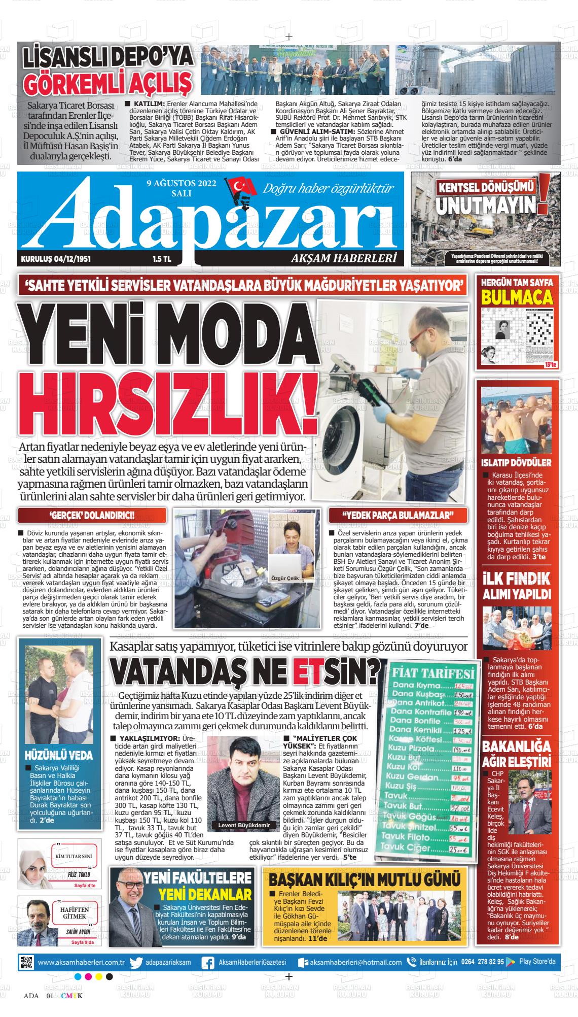 09 Ağustos 2022 Adapazarı Akşam Haberleri Gazete Manşeti