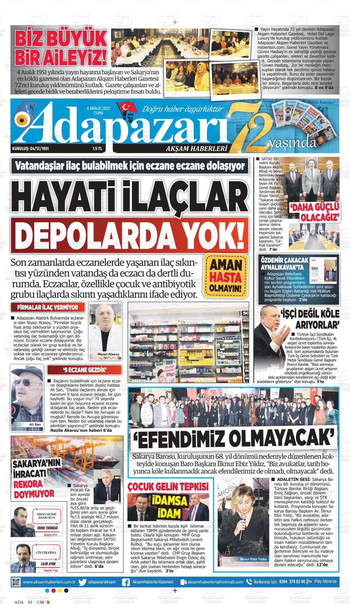 09 Aralık 2022 Adapazarı Akşam Haberleri Gazete Manşeti