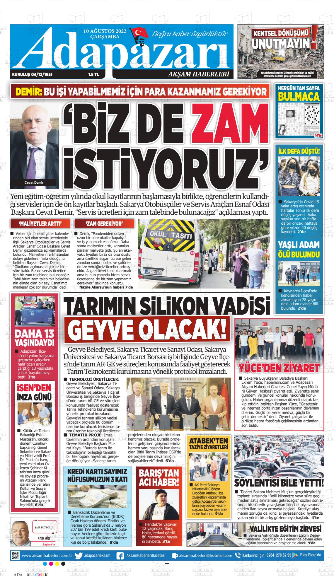 10 Ağustos 2022 Adapazarı Akşam Haberleri Gazete Manşeti