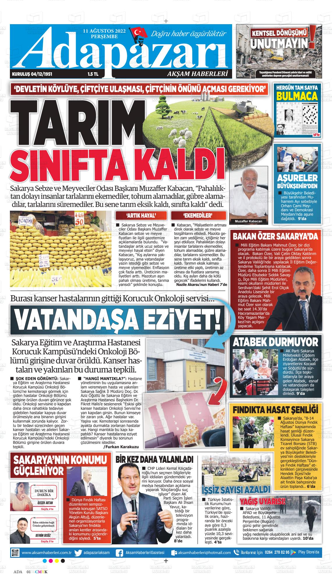 11 Ağustos 2022 Adapazarı Akşam Haberleri Gazete Manşeti