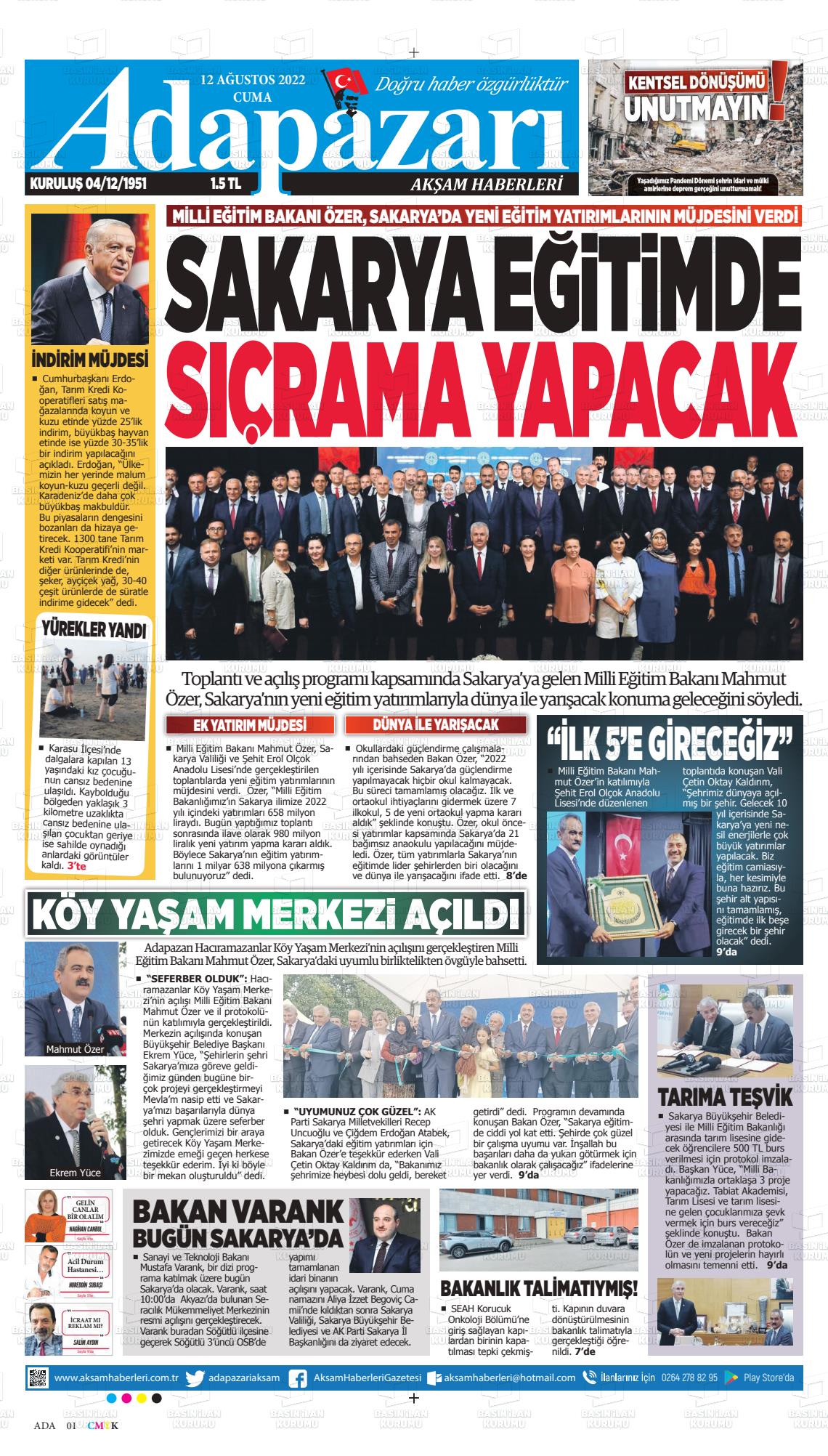 12 Ağustos 2022 Adapazarı Akşam Haberleri Gazete Manşeti