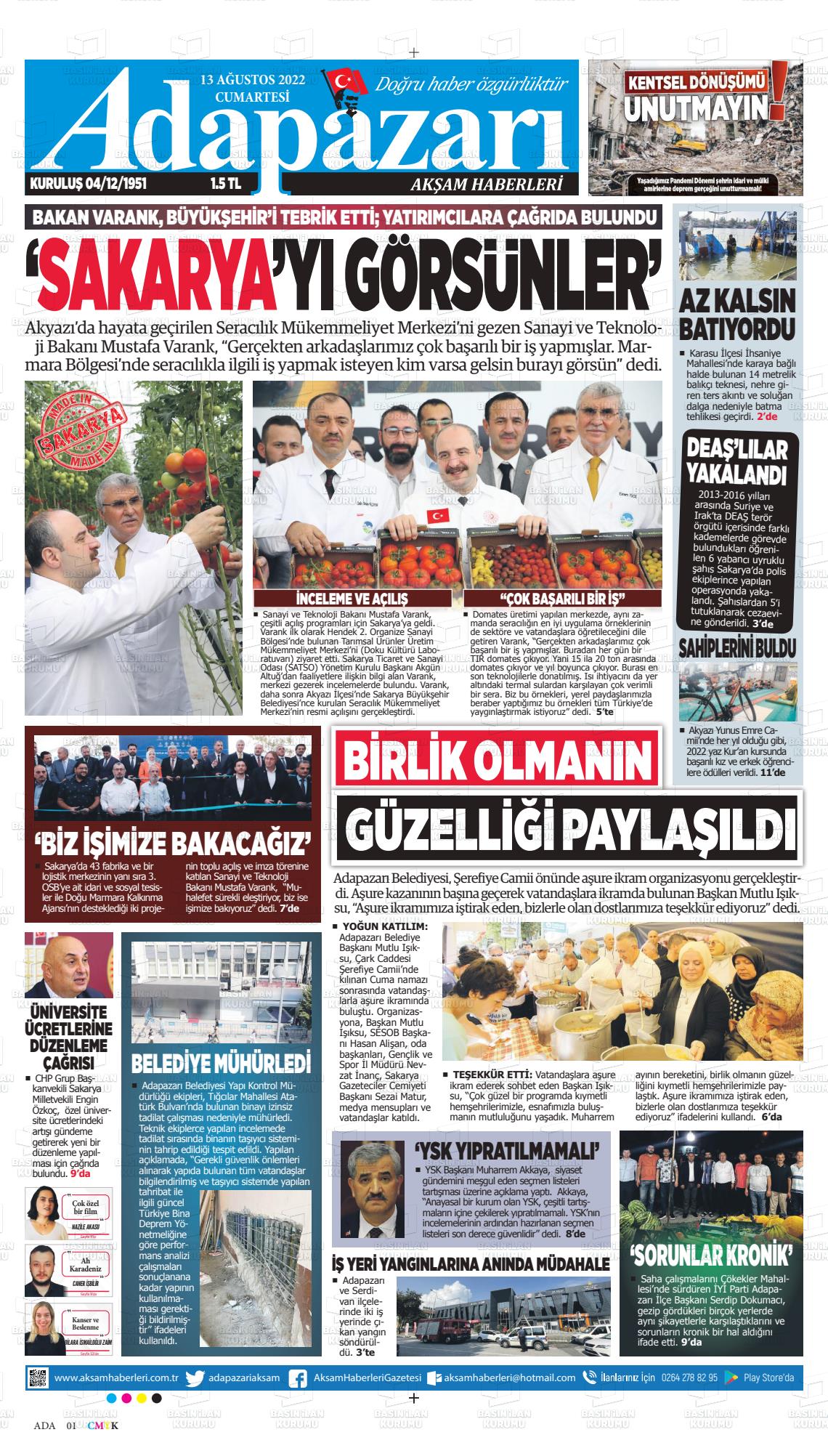 13 Ağustos 2022 Adapazarı Akşam Haberleri Gazete Manşeti