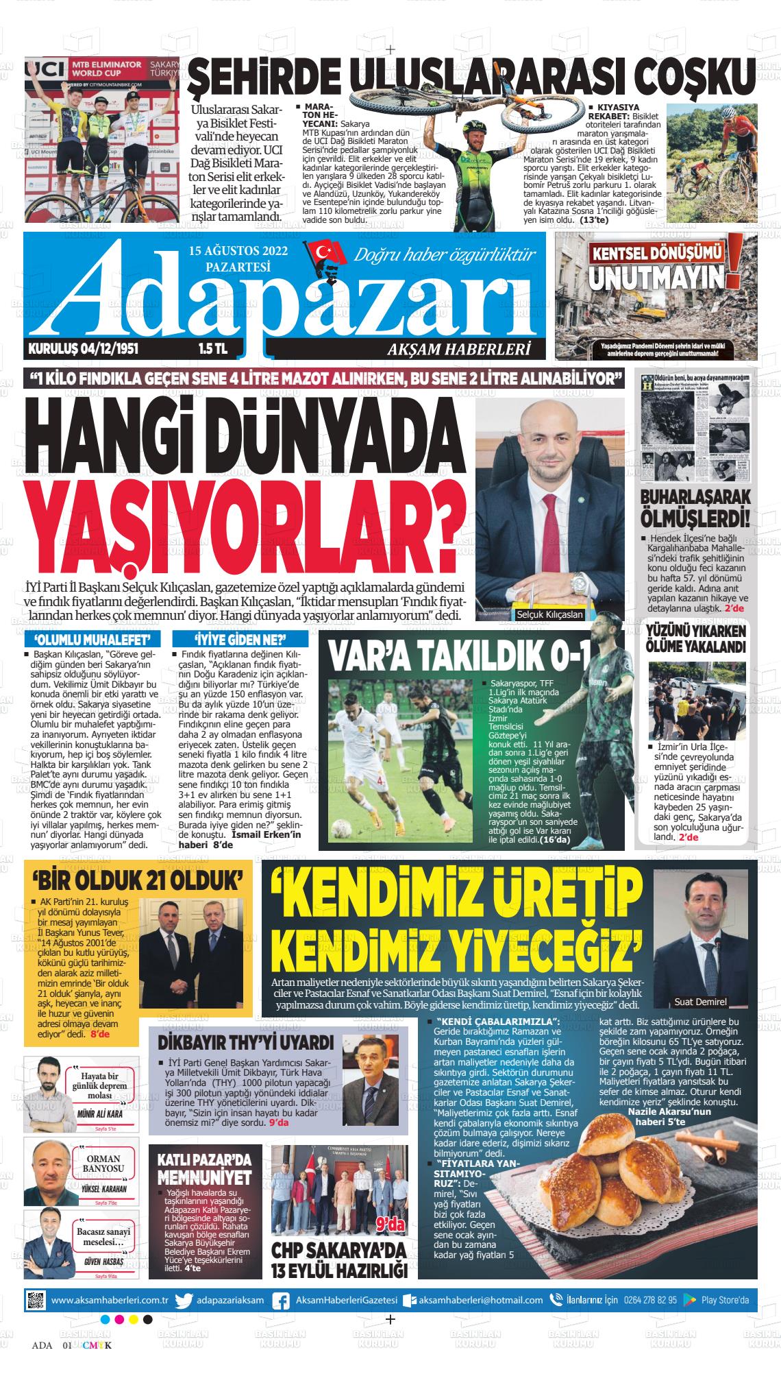 Adapazarı Akşam Haberleri Gazete Manşeti