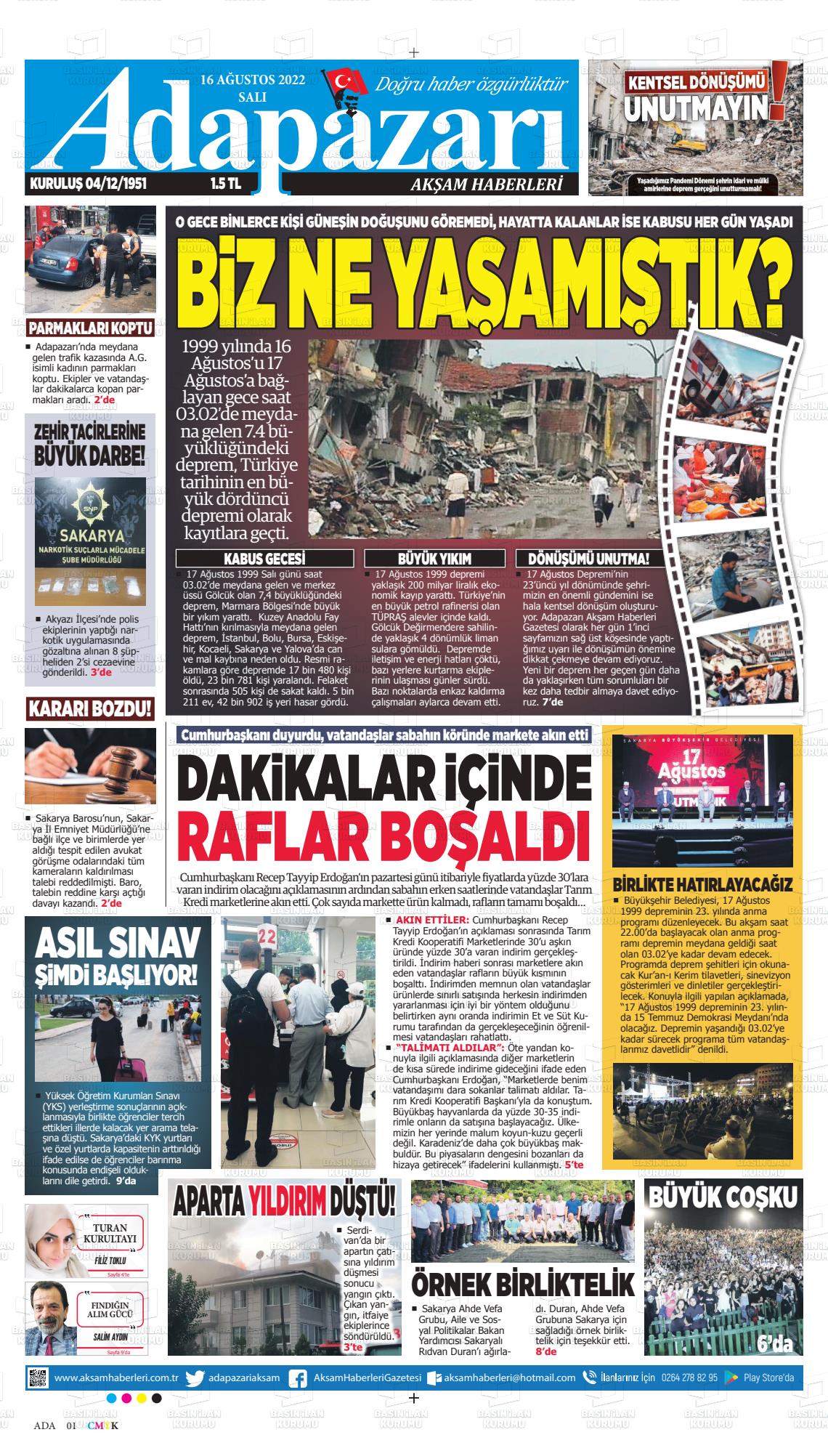 16 Ağustos 2022 Adapazarı Akşam Haberleri Gazete Manşeti