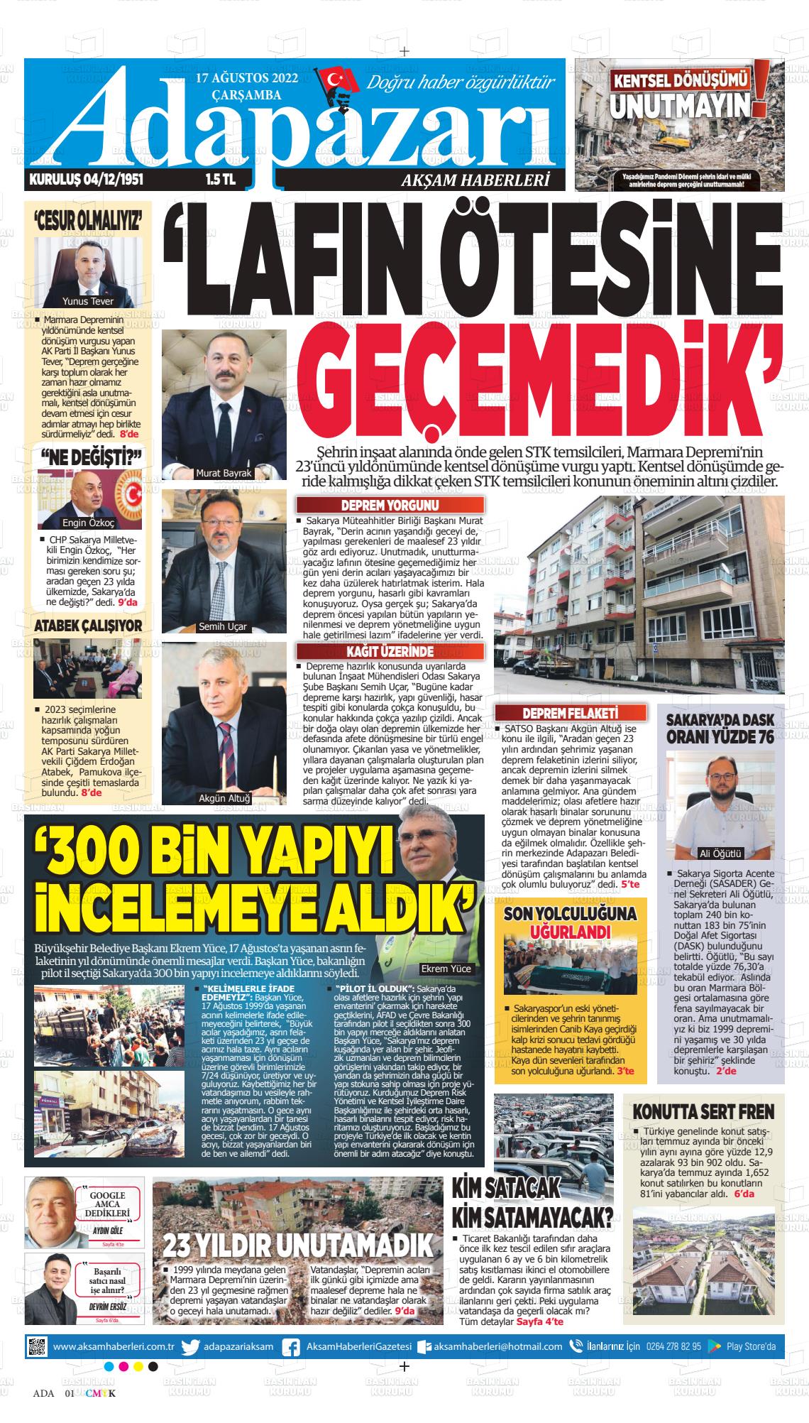 17 Ağustos 2022 Adapazarı Akşam Haberleri Gazete Manşeti