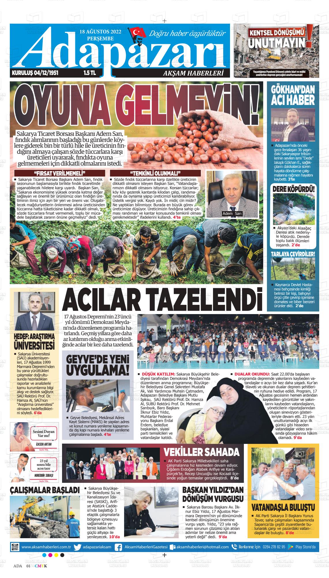 18 Ağustos 2022 Adapazarı Akşam Haberleri Gazete Manşeti
