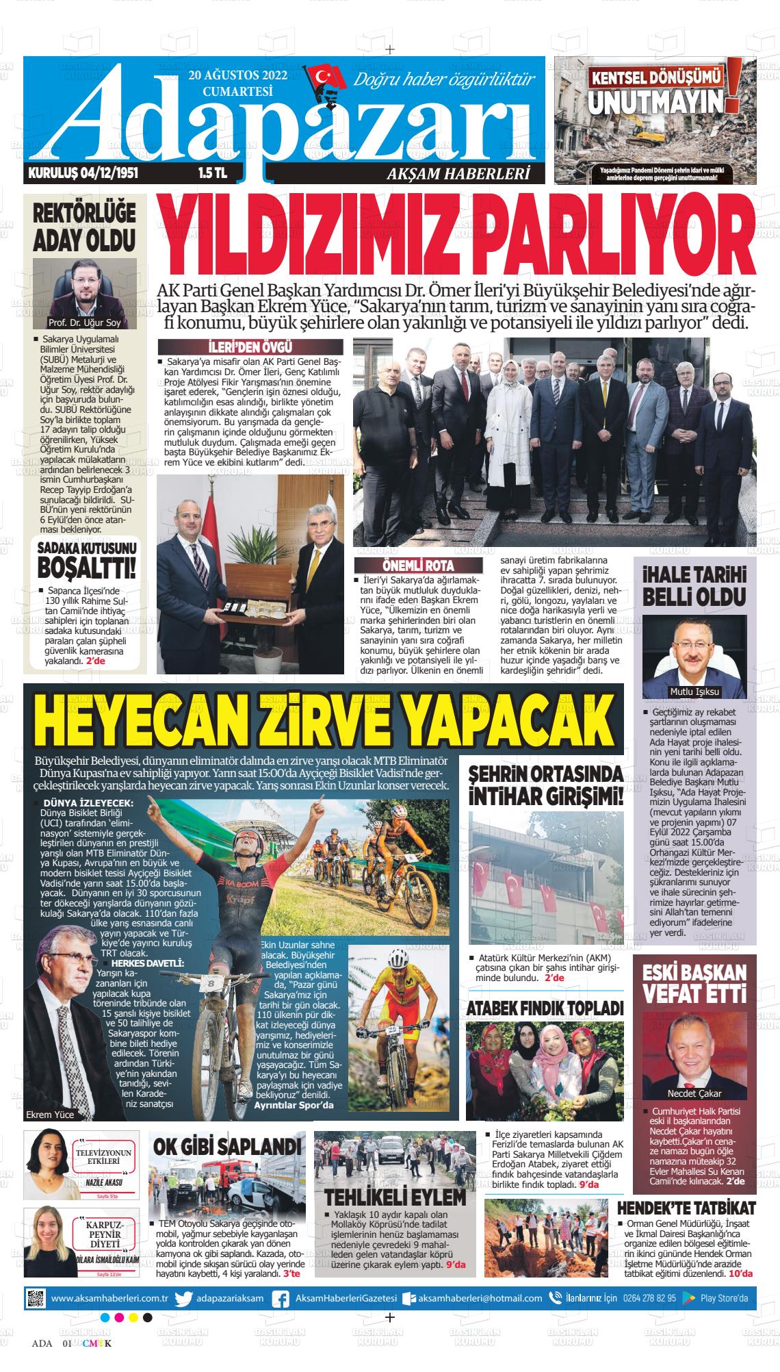 20 Ağustos 2022 Adapazarı Akşam Haberleri Gazete Manşeti
