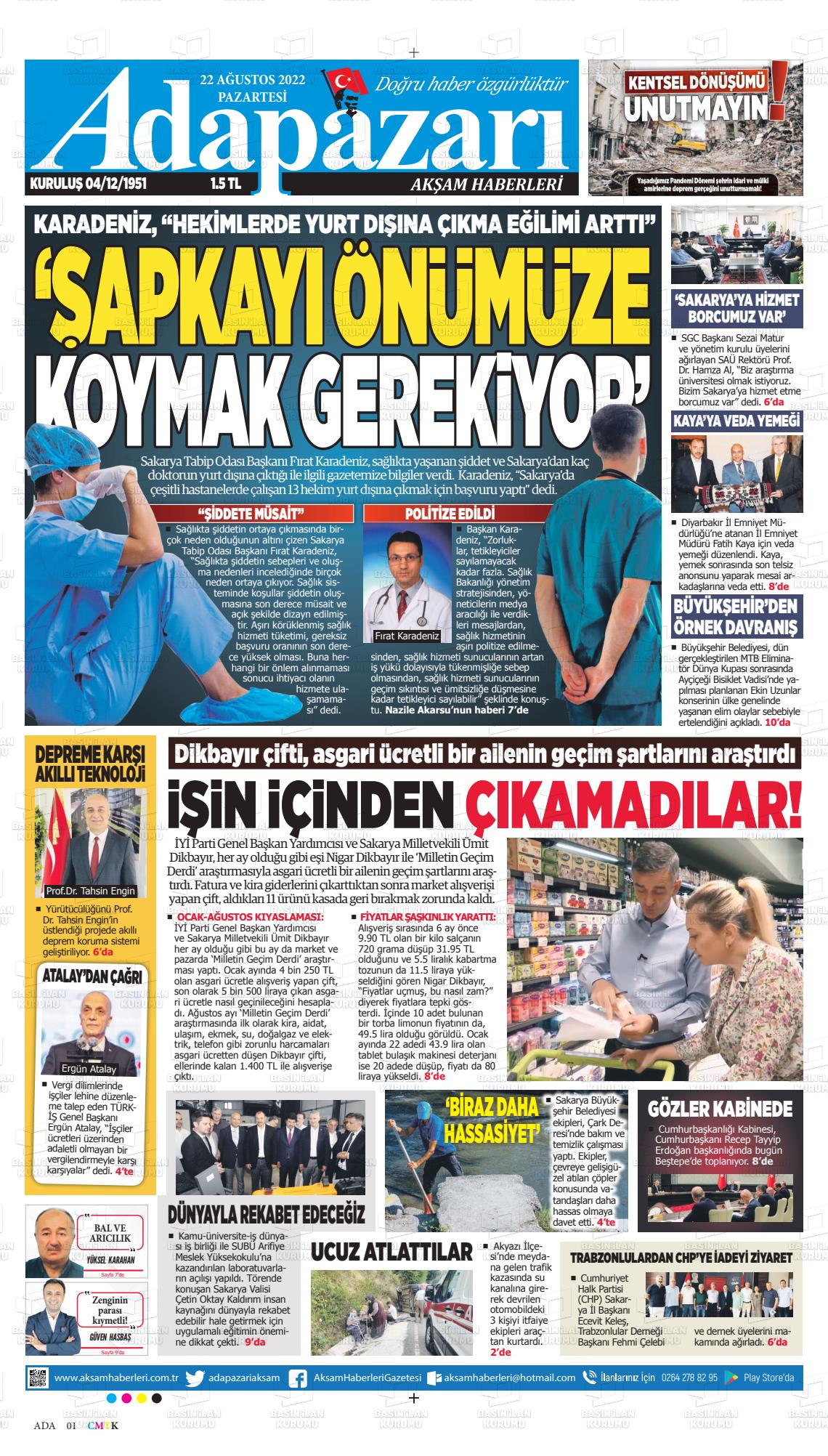 22 Ağustos 2022 Adapazarı Akşam Haberleri Gazete Manşeti