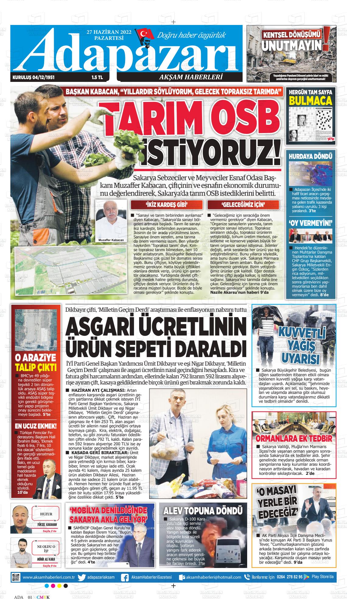 27 Haziran 2022 Adapazarı Akşam Haberleri Gazete Manşeti