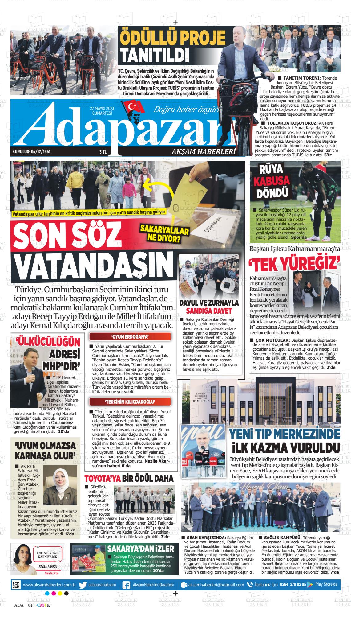 27 Mayıs 2023 Adapazarı Akşam Haberleri Gazete Manşeti