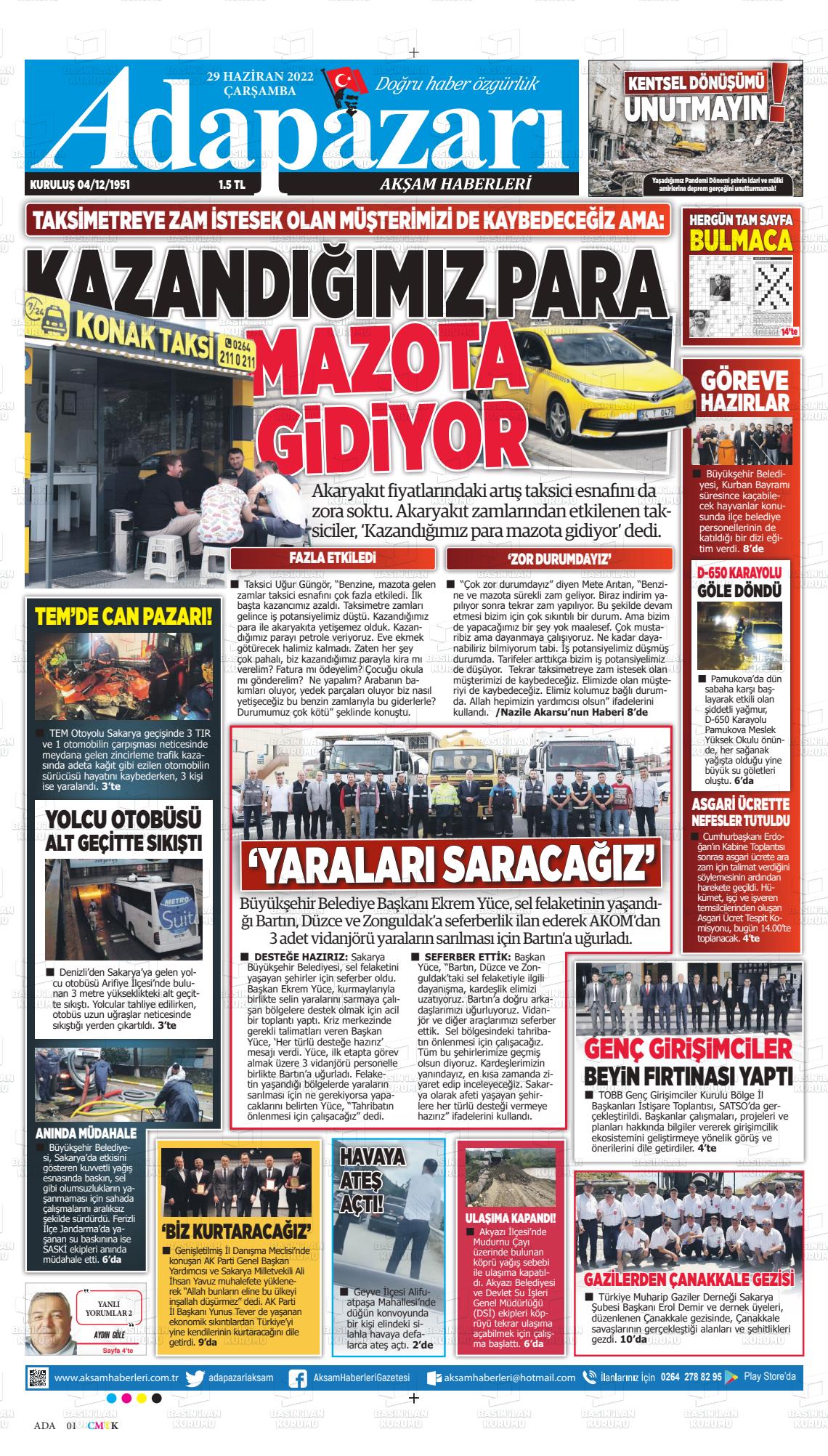 29 Haziran 2022 Adapazarı Akşam Haberleri Gazete Manşeti