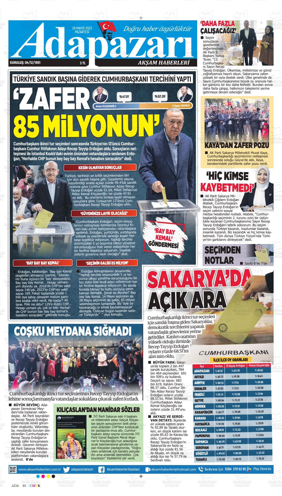 29 Mayıs 2023 Adapazarı Akşam Haberleri Gazete Manşeti