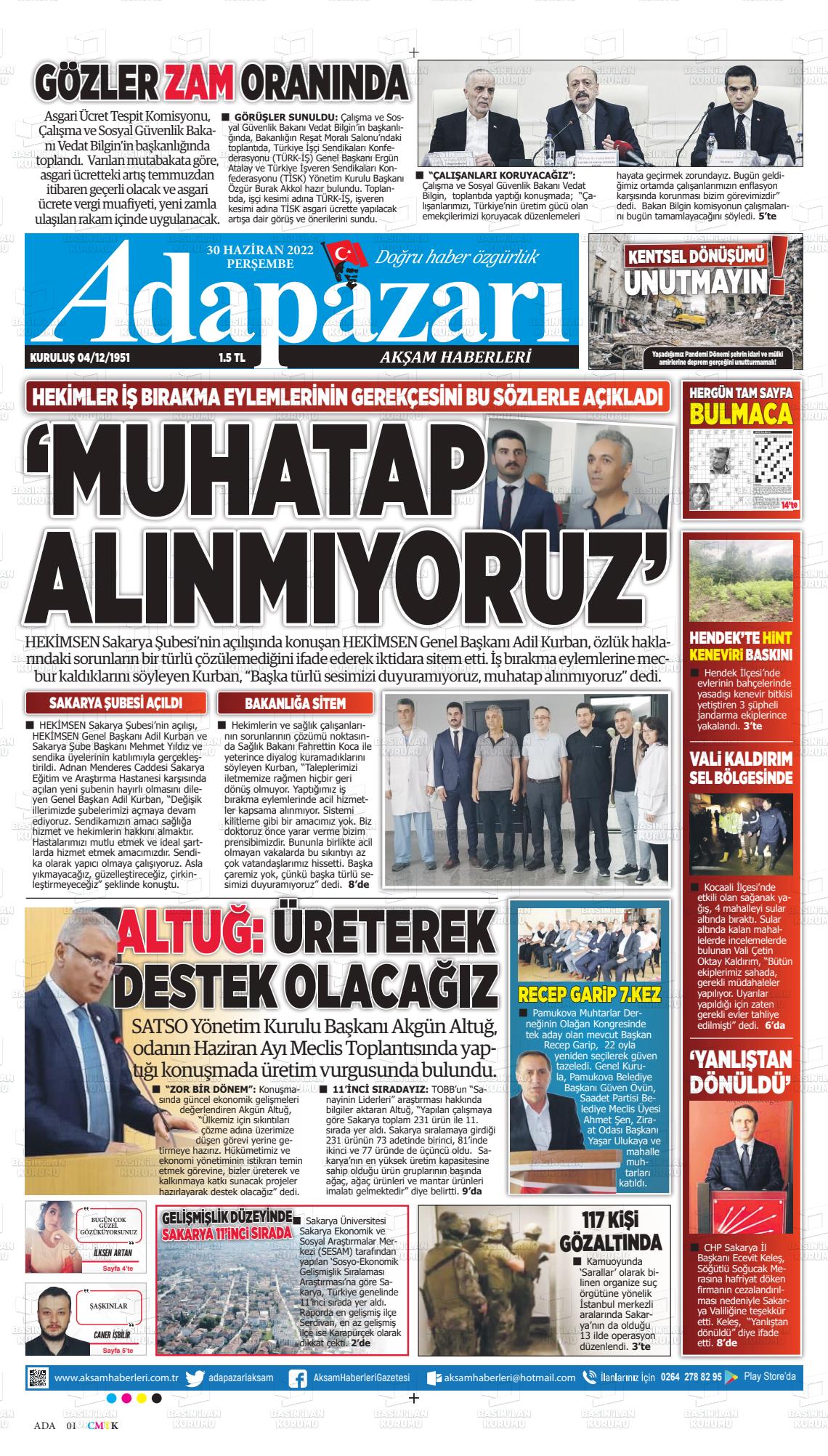 01 Temmuz 2022 Adapazarı Akşam Haberleri Gazete Manşeti