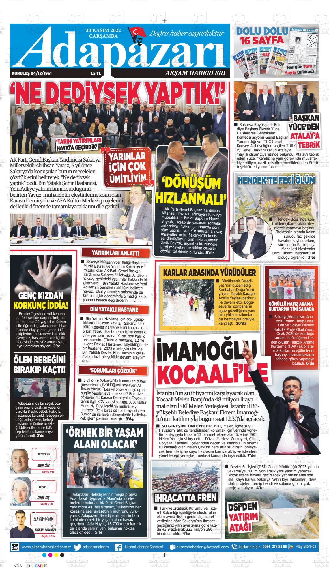 30 Kasım 2022 Adapazarı Akşam Haberleri Gazete Manşeti