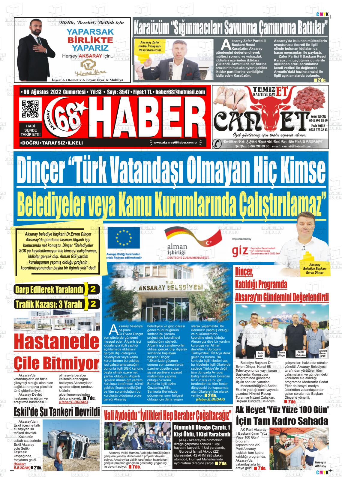 06 Ağustos 2022 Aksaray 68 Haber Gazete Manşeti