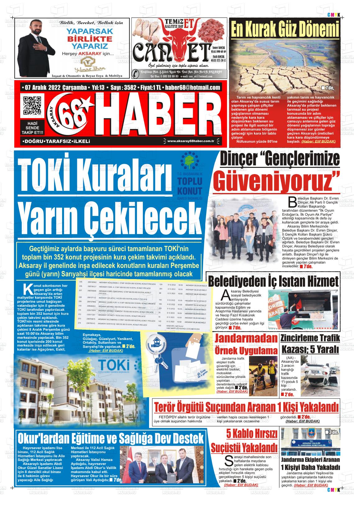 07 Aralık 2022 Aksaray 68 Haber Gazete Manşeti
