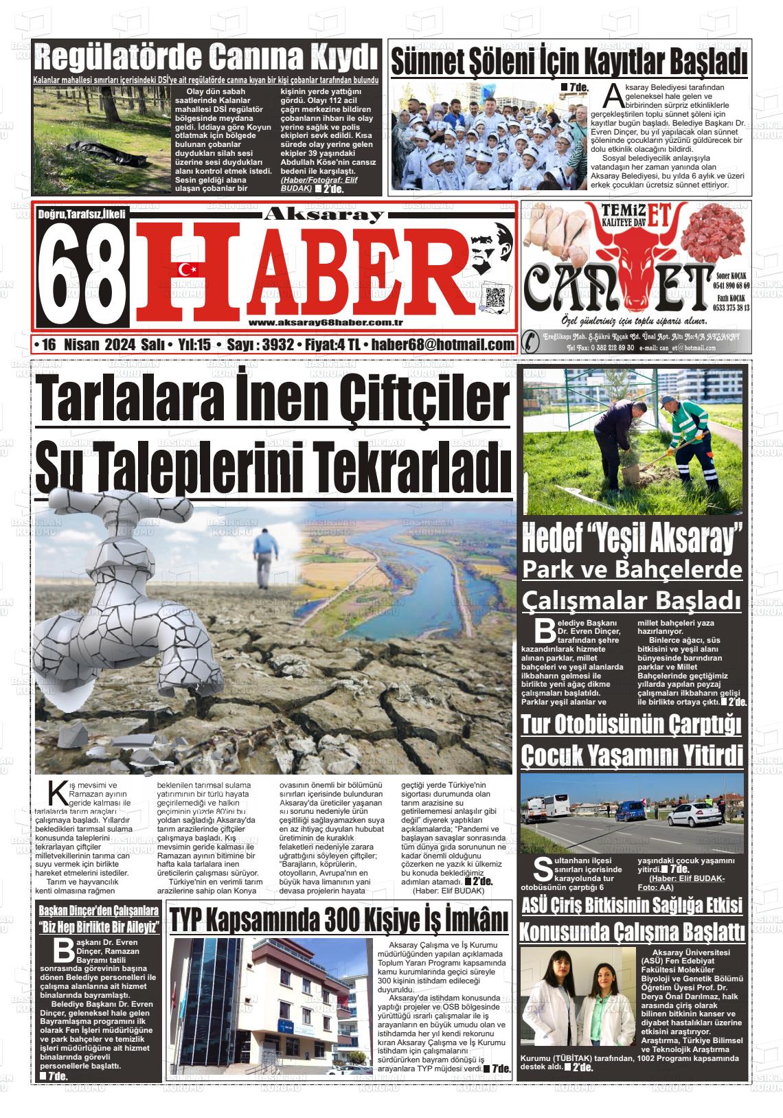 18 Nisan 2024 Aksaray 68 Haber Gazete Manşeti