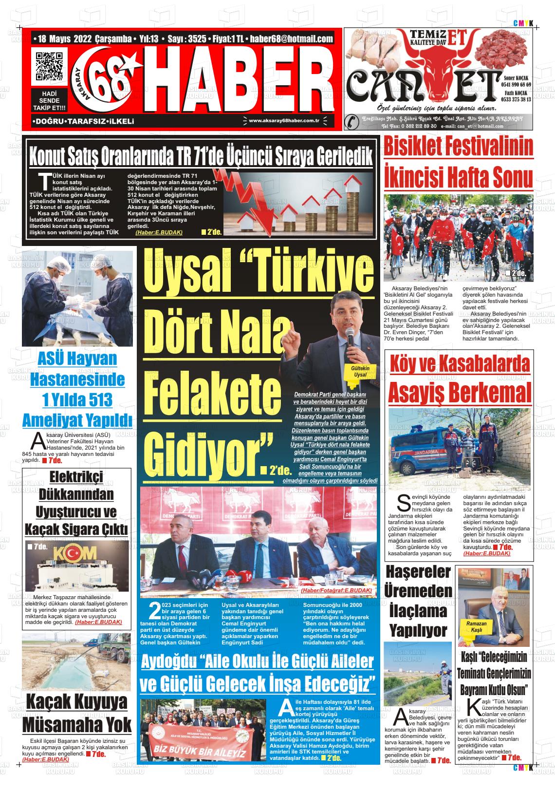 18 Mayıs 2022 Aksaray 68 Haber Gazete Manşeti