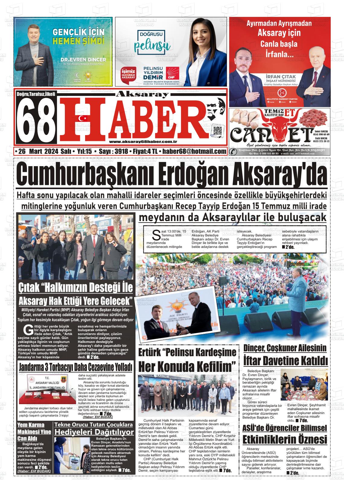 26 Mart 2024 Aksaray 68 Haber Gazete Manşeti