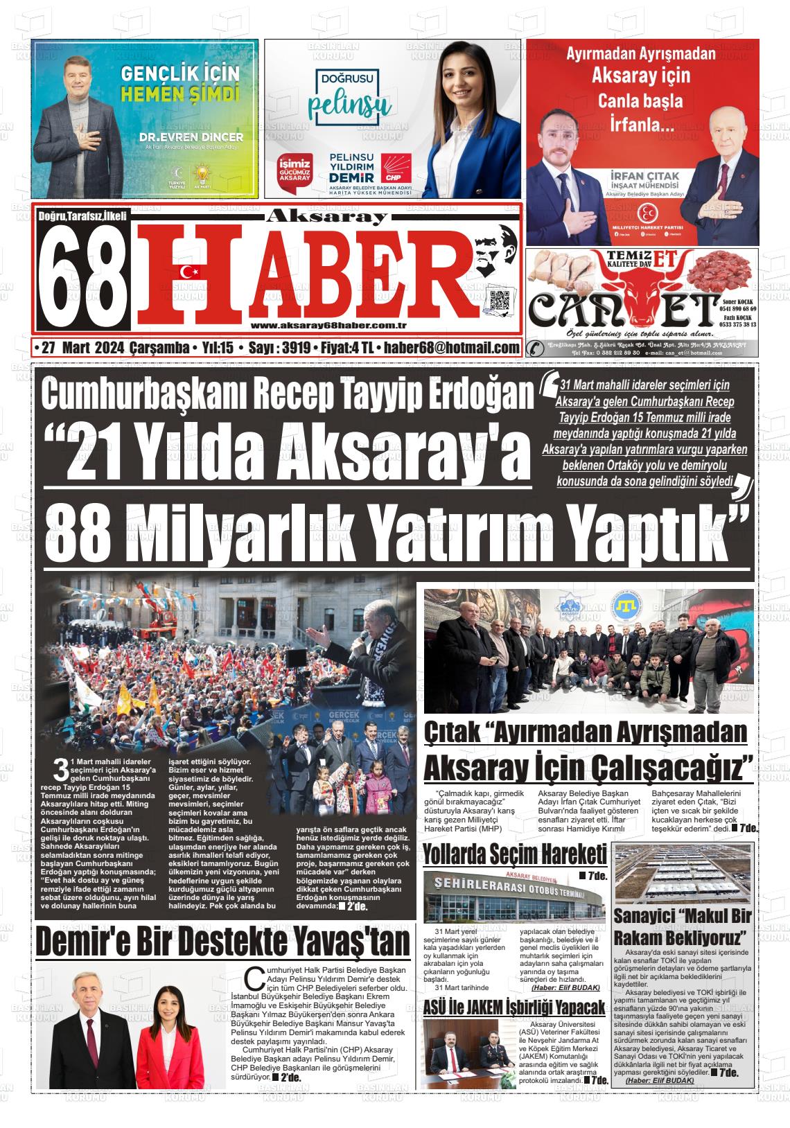 27 Mart 2024 Aksaray 68 Haber Gazete Manşeti