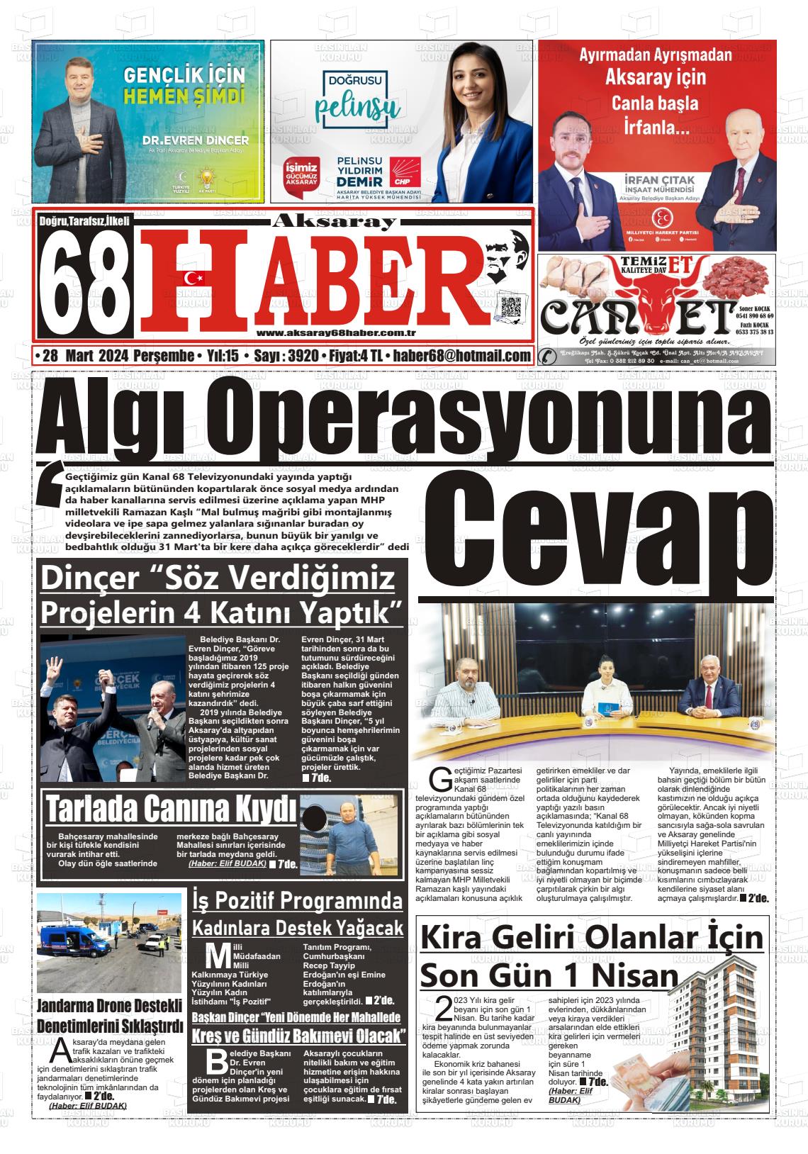 28 Mart 2024 Aksaray 68 Haber Gazete Manşeti