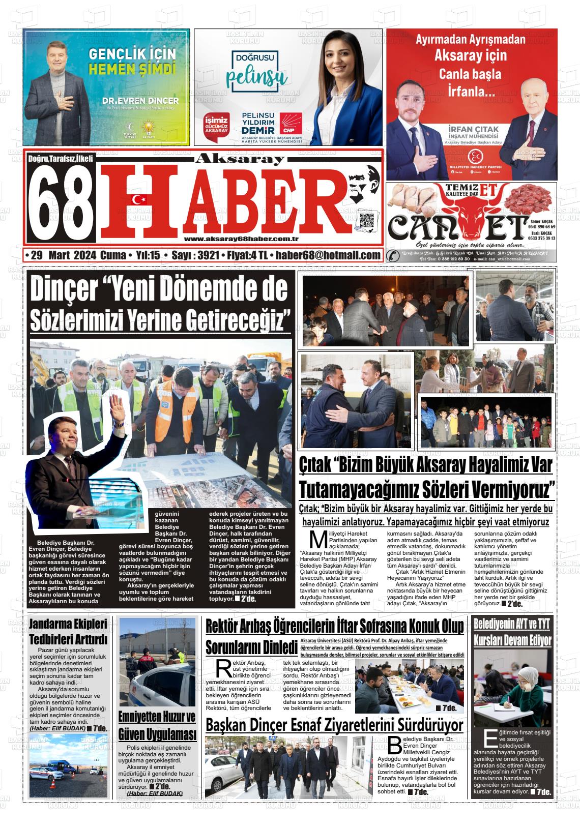 29 Mart 2024 Aksaray 68 Haber Gazete Manşeti