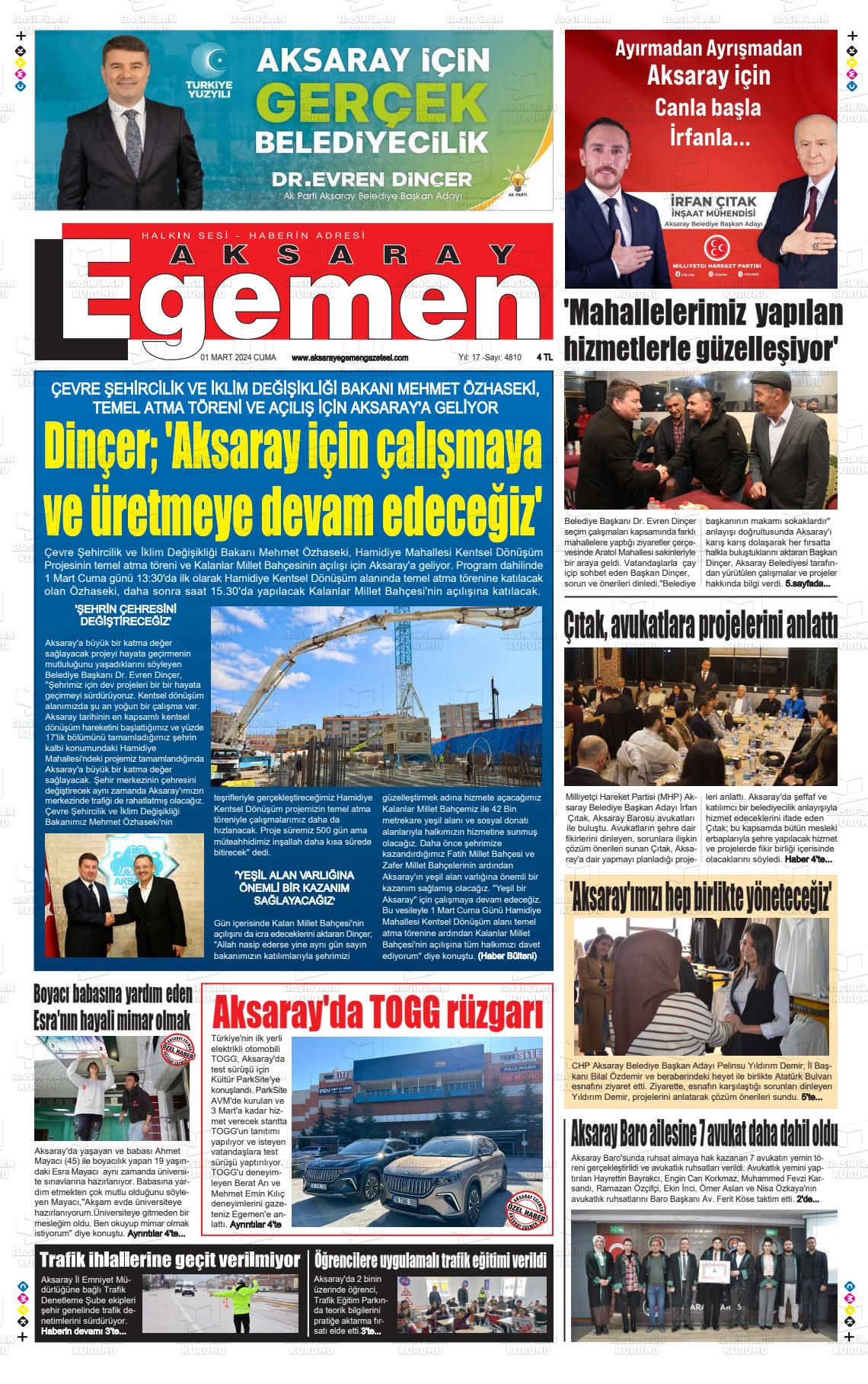 01 Mart 2024 Aksaray Egemen Gazete Manşeti
