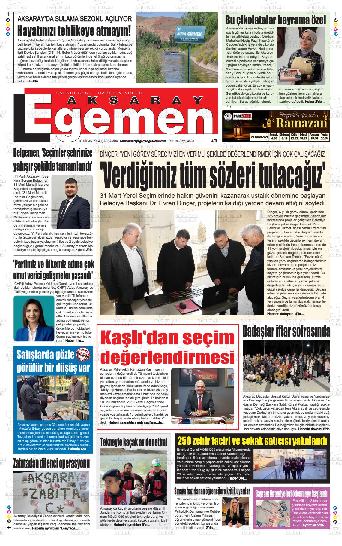 03 Nisan 2024 Aksaray Egemen Gazete Manşeti