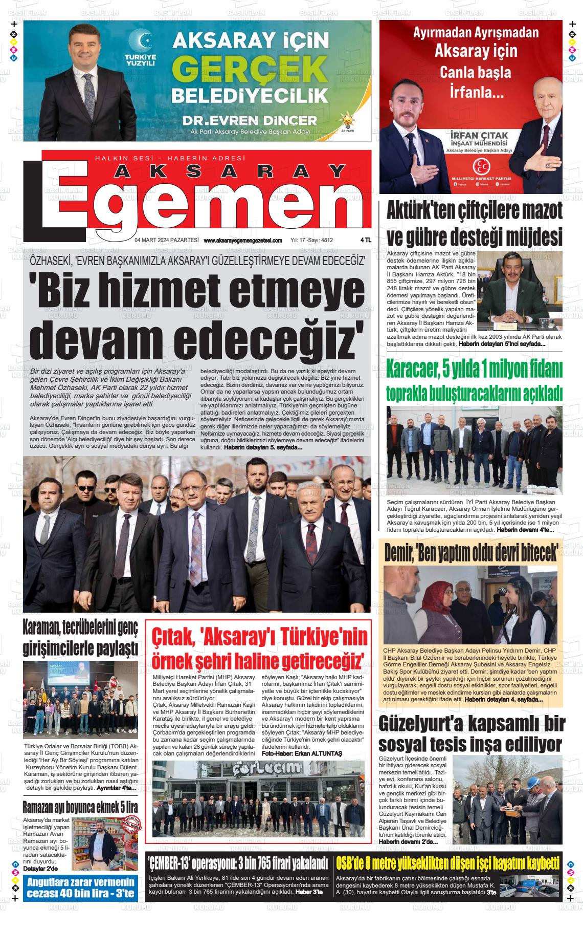 04 Mart 2024 Aksaray Egemen Gazete Manşeti