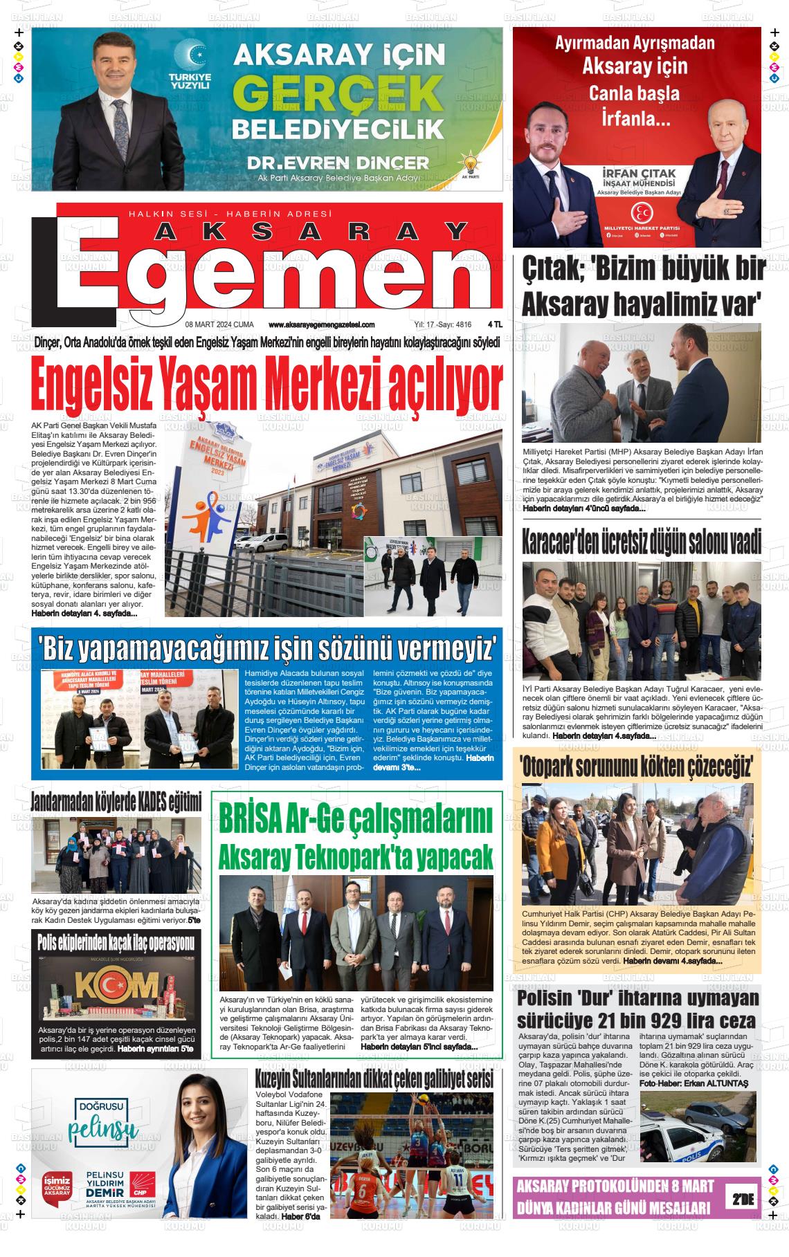 08 Mart 2024 Aksaray Egemen Gazete Manşeti