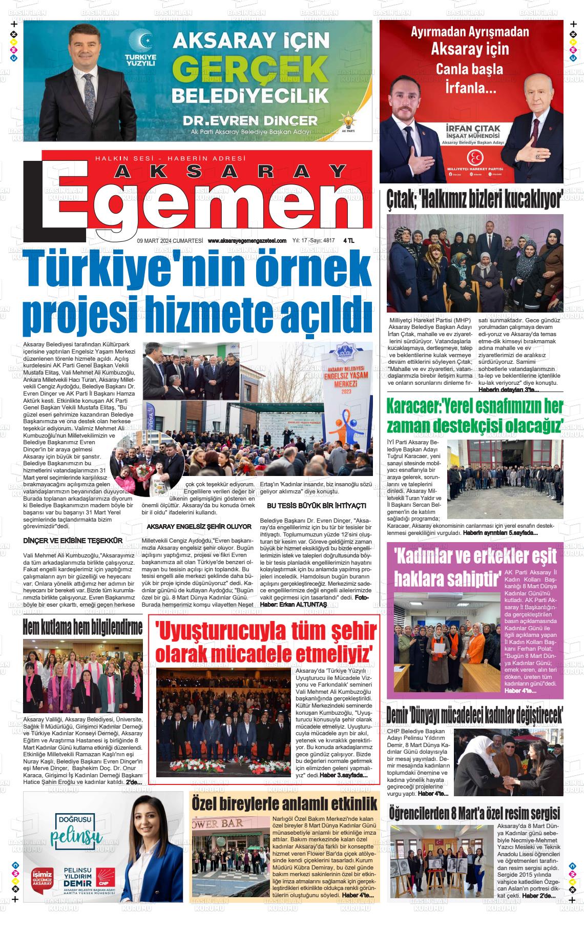 09 Mart 2024 Aksaray Egemen Gazete Manşeti