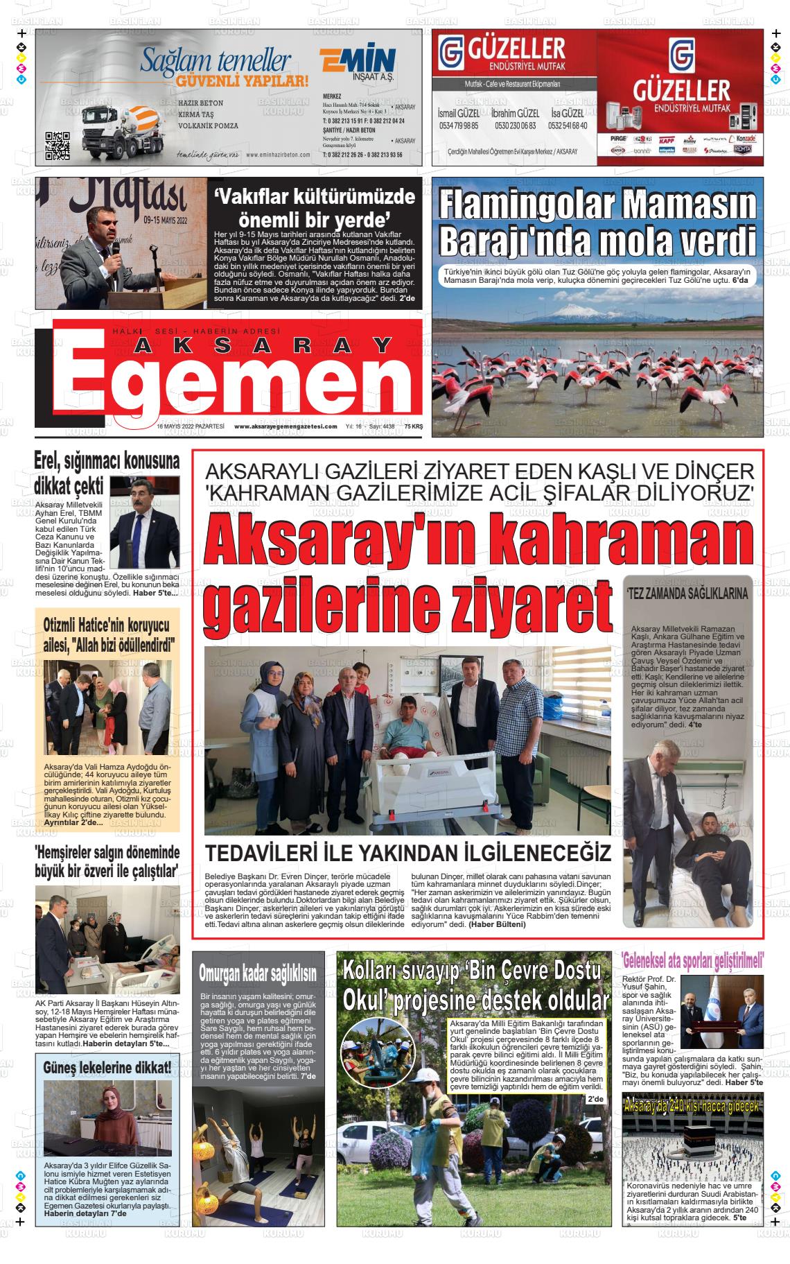 16 Mayıs 2022 Aksaray Egemen Gazete Manşeti