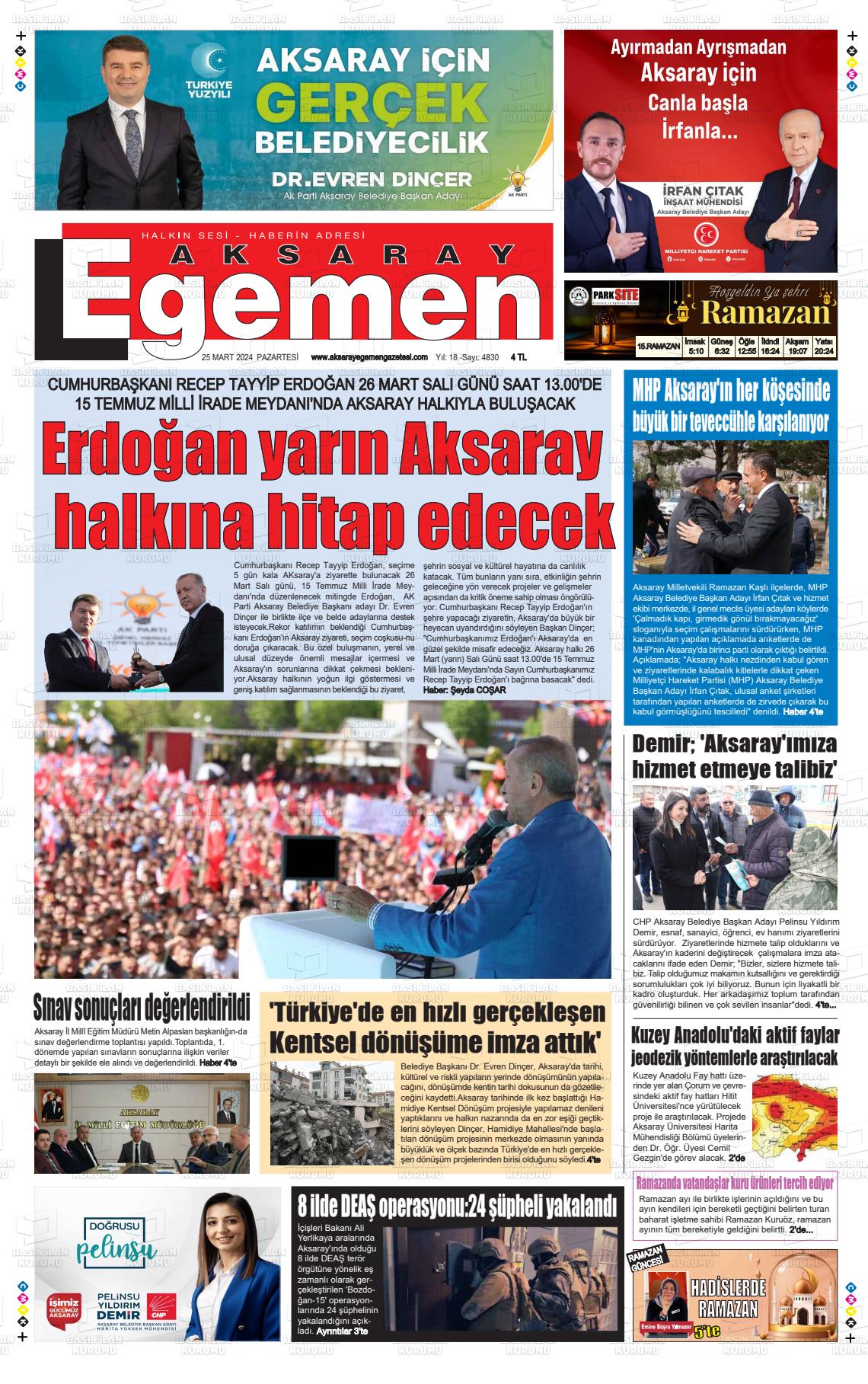 25 Mart 2024 Aksaray Egemen Gazete Manşeti