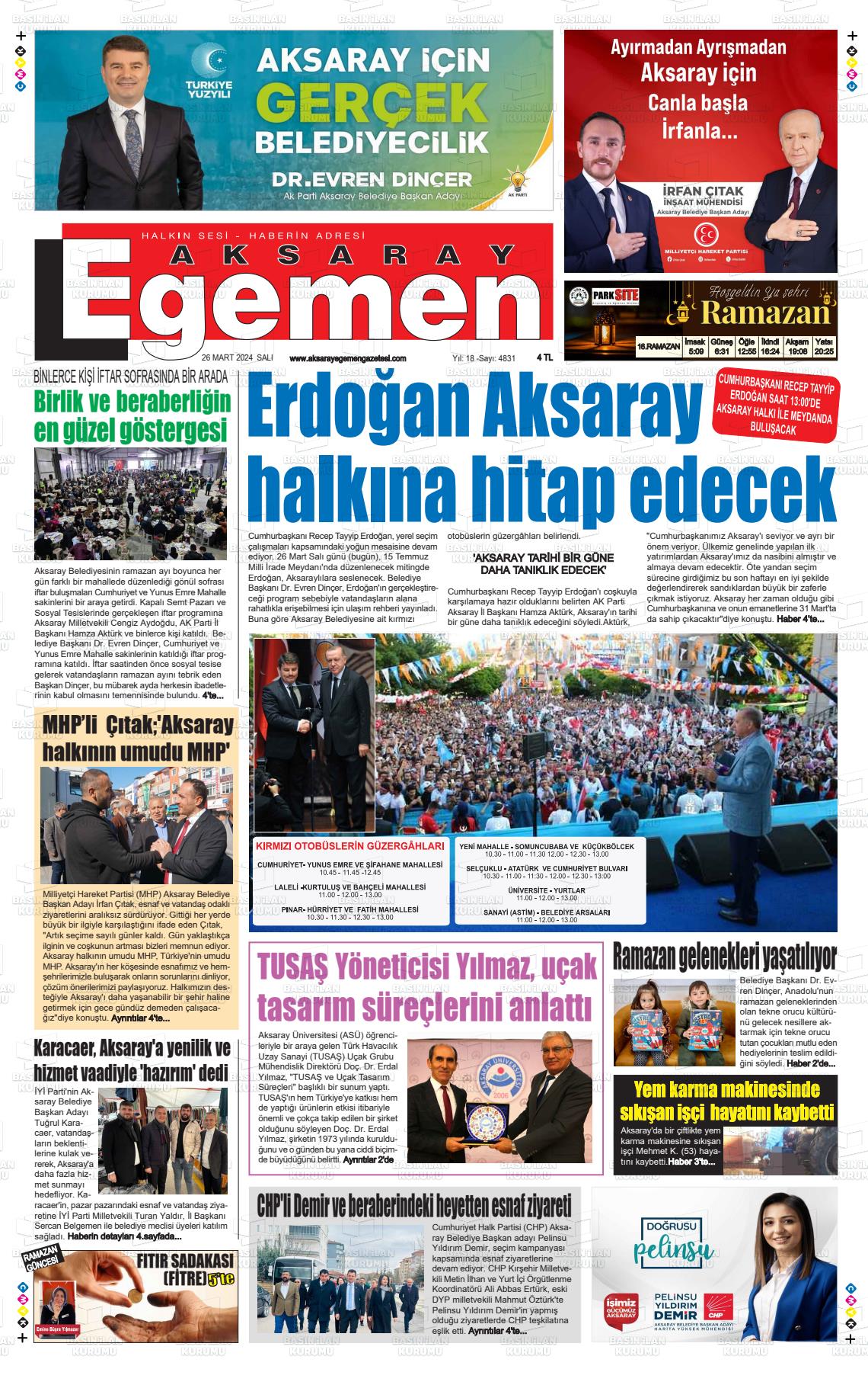 26 Mart 2024 Aksaray Egemen Gazete Manşeti