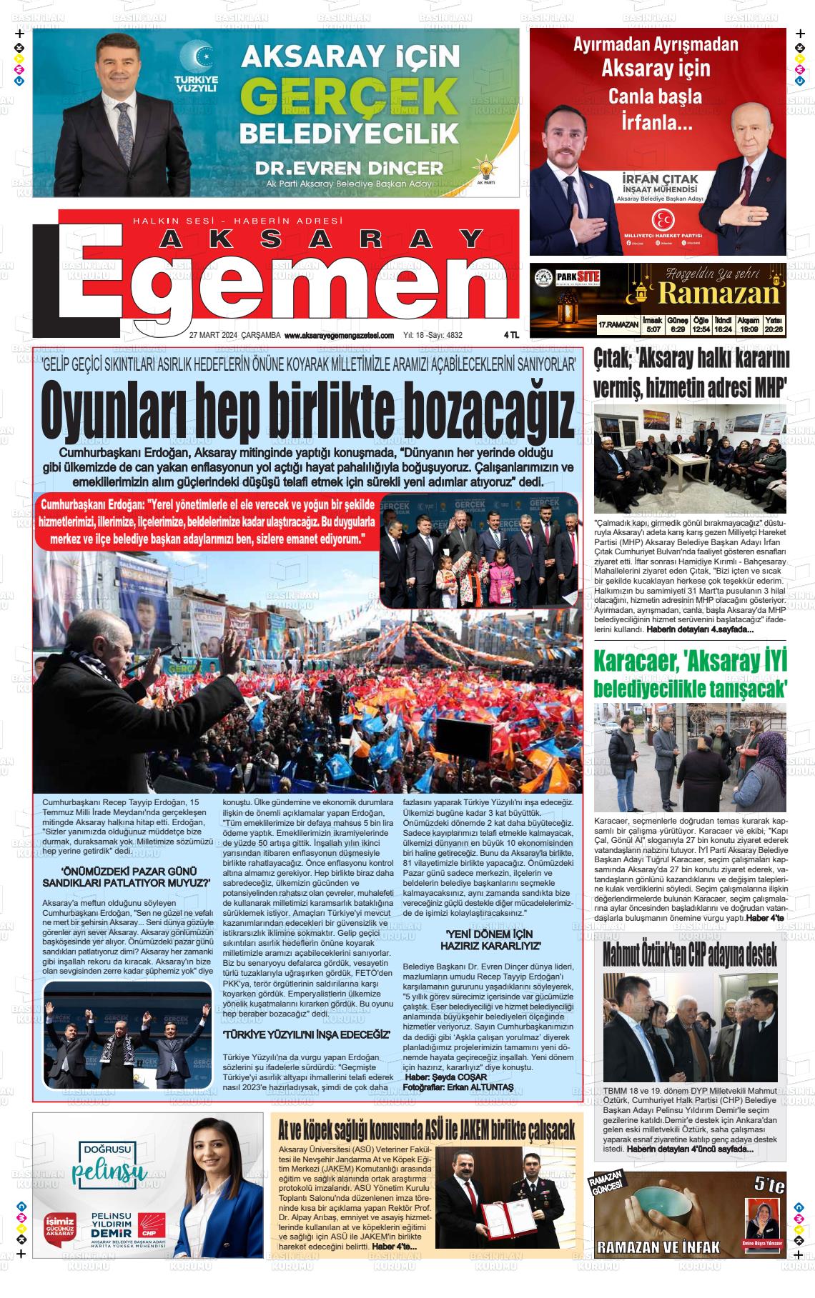 27 Mart 2024 Aksaray Egemen Gazete Manşeti